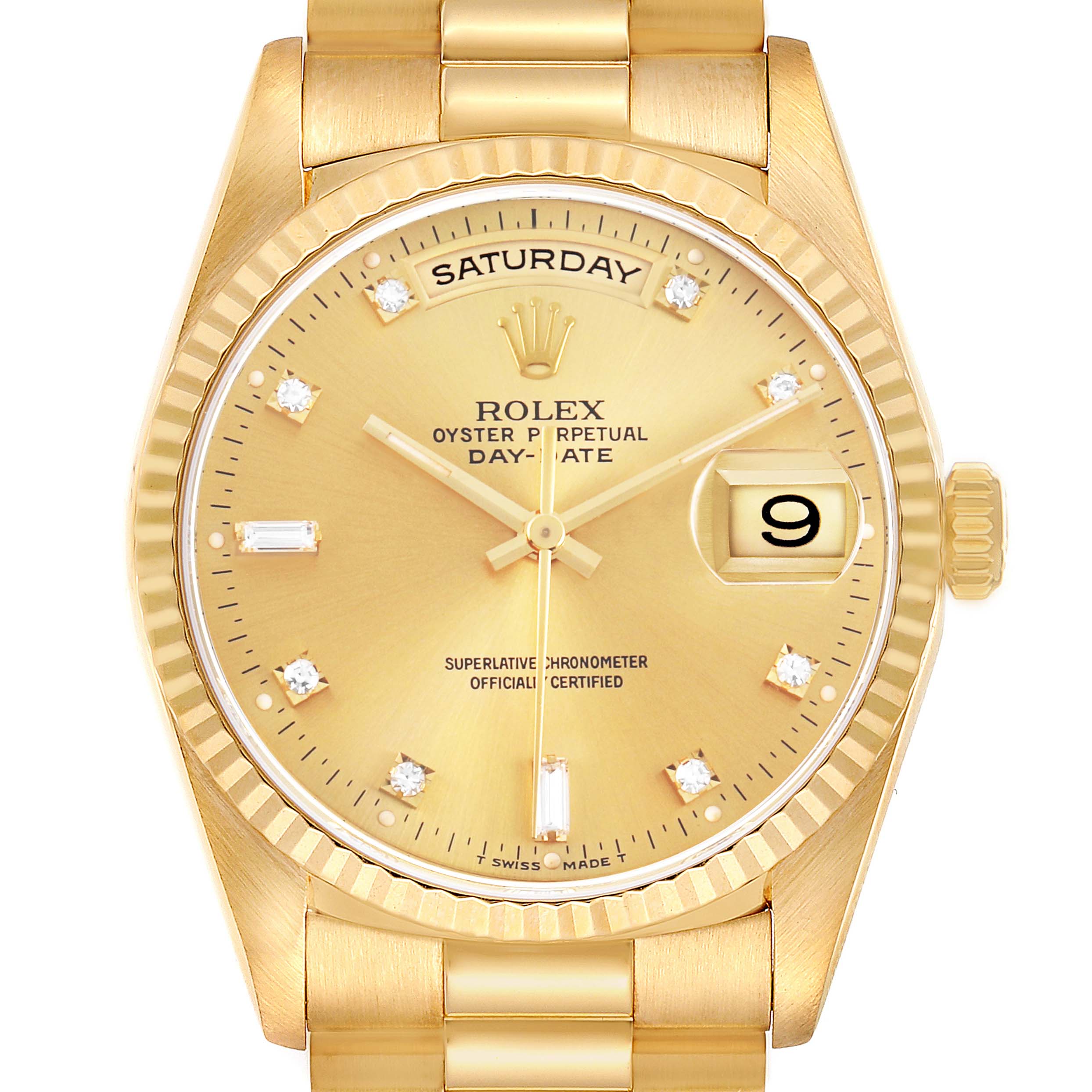 The Rolex President 18238 Men's Yellow Gold Champagne Dial model is shown from a top angle, featuring the face, bezel, bracelet, and crown.