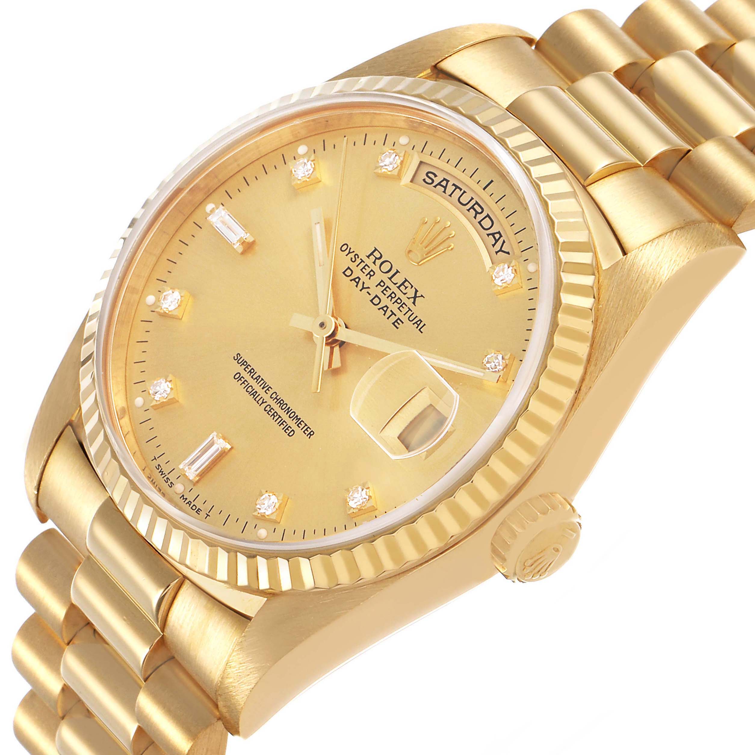 The Rolex President 18238 Men's Yellow Gold Champagne Dial watch is shown at a three-quarter angle, highlighting the gold bracelet, fluted bezel, and dial with day-date features.