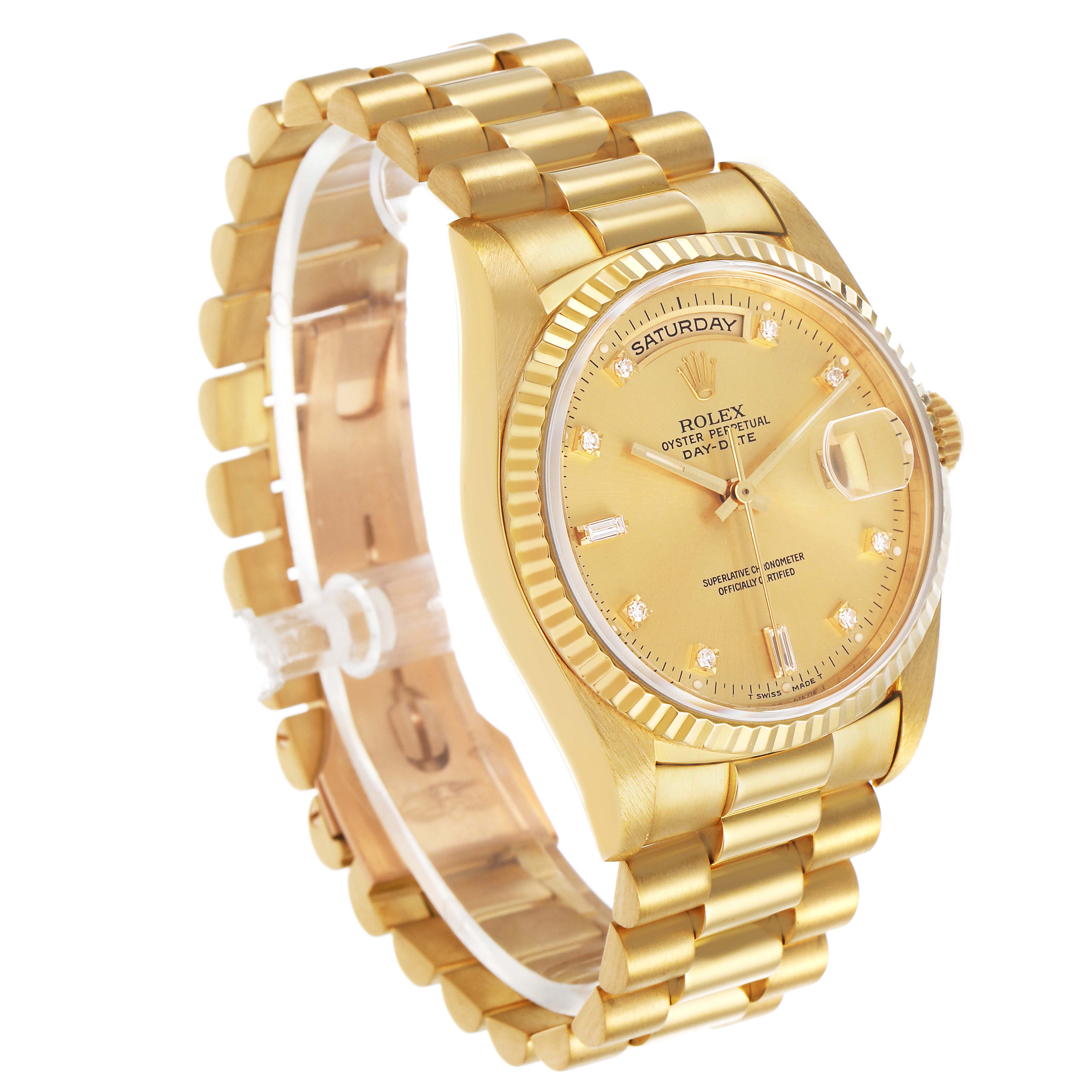 The Rolex President 18238 Men's Yellow Gold Champagne Dial watch is shown at a three-quarter angle, highlighting its gold bracelet, fluted bezel, and day-date display.
