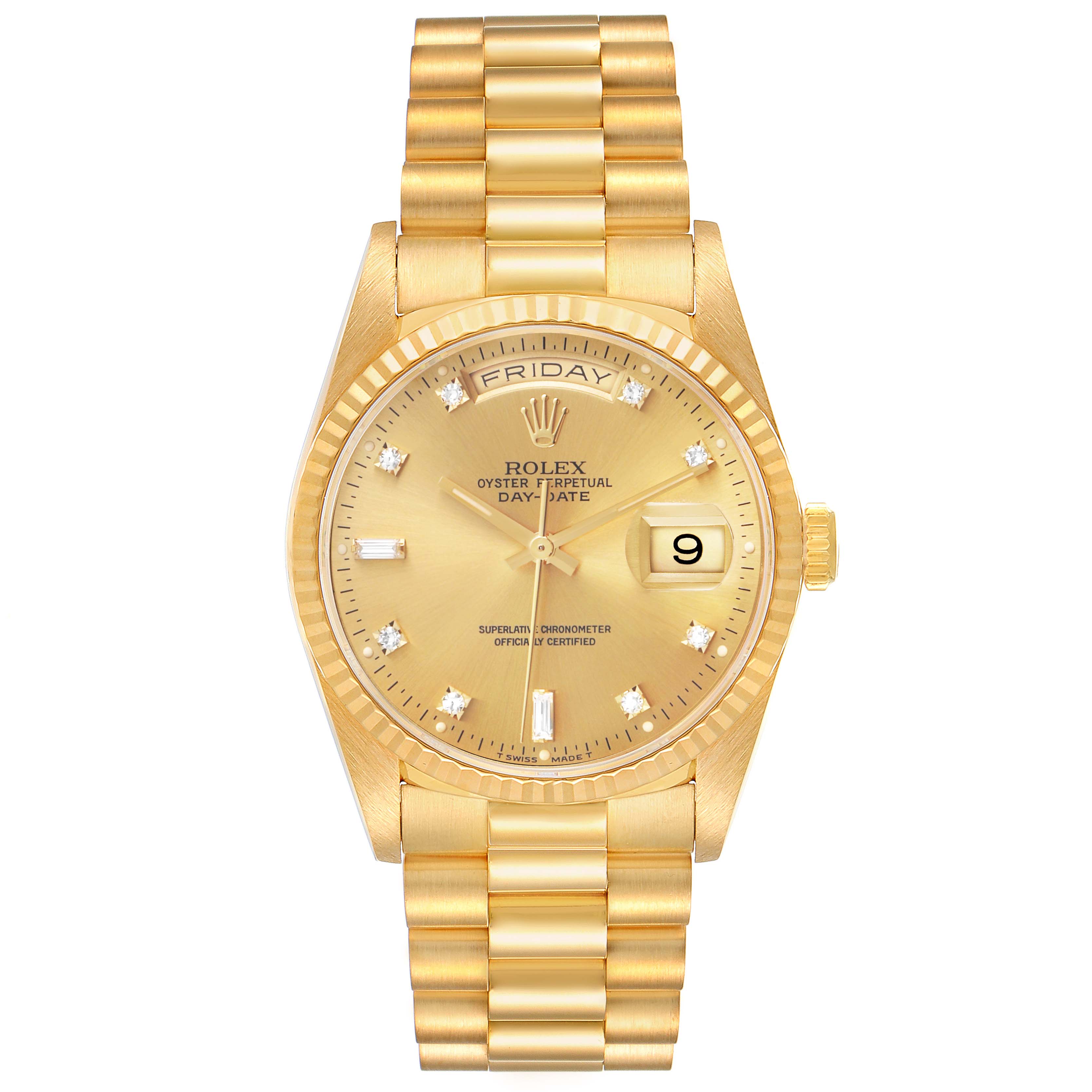 The Rolex President 18238 Men's Yellow Gold Champagne Dial model is shown from a front angle, highlighting the dial, day-date display, and gold bracelet.