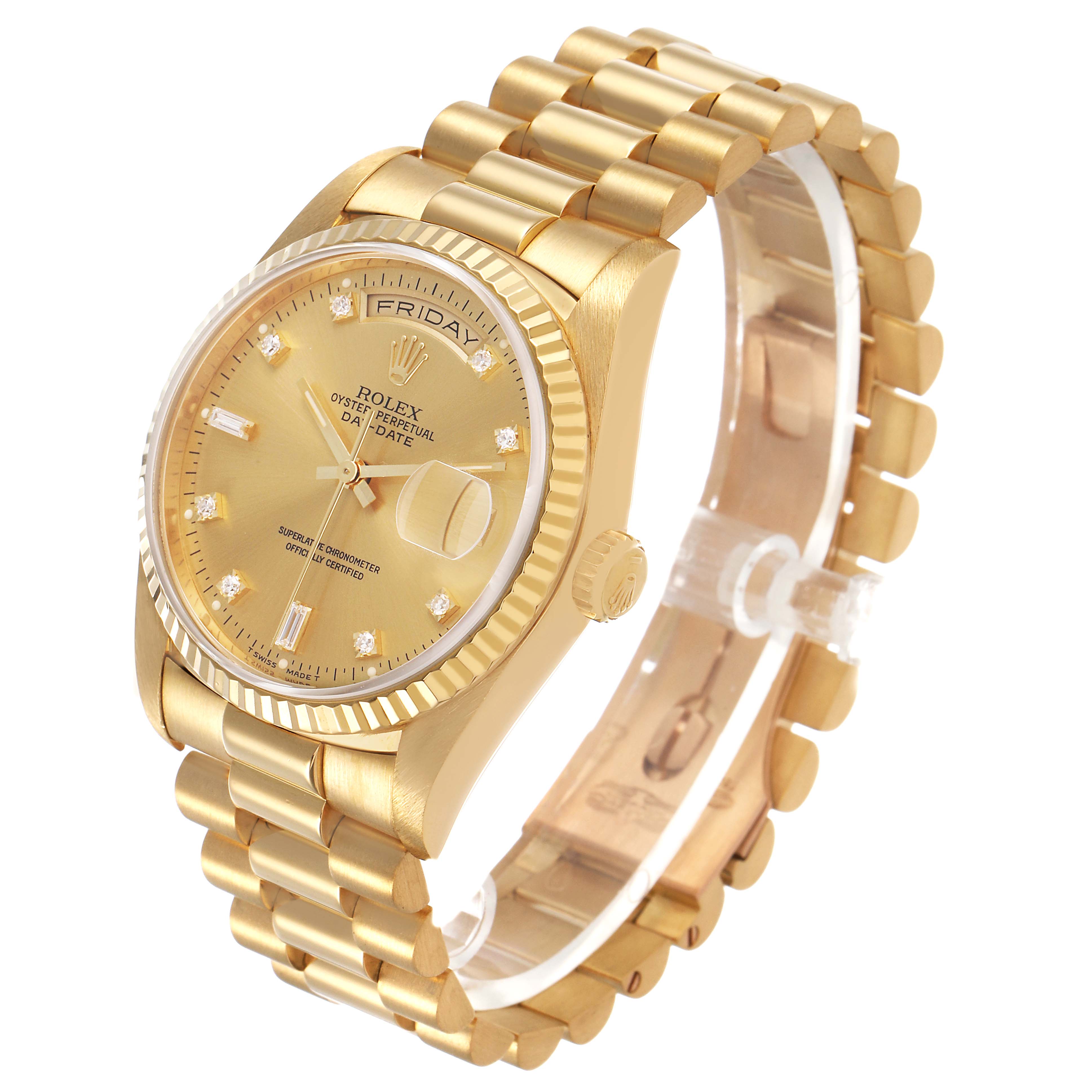 The Rolex President 18238 Men's Yellow Gold Champagne Dial watch is shown at a three-quarter angle, displaying the dial, bezel, bracelet, and crown.