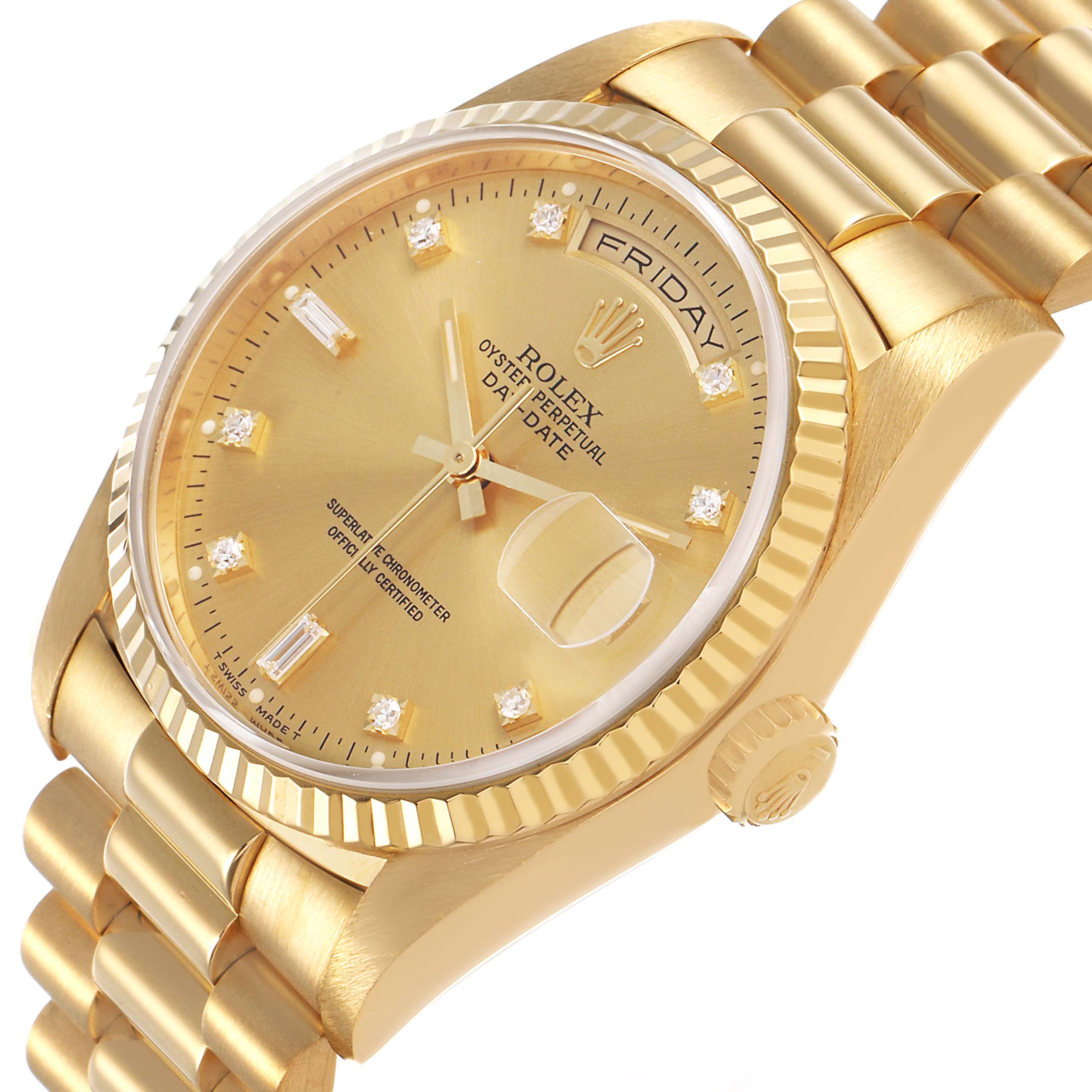 The Rolex President 18238 Men's Yellow Gold Champagne Dial model watch is shown at an angled view featuring the face, bezel, crown, and part of the bracelet.