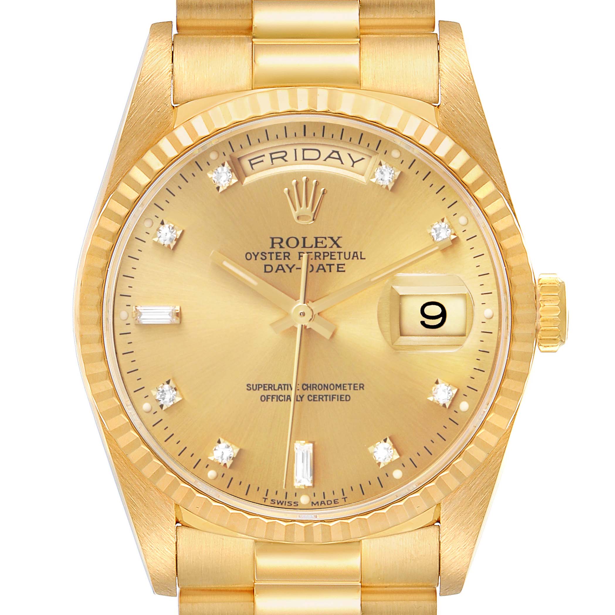 The Rolex President 18238 Men's Yellow Gold Champagne Dial model is shown from a front angle, highlighting its face, hands, day-date display, and bracelet.