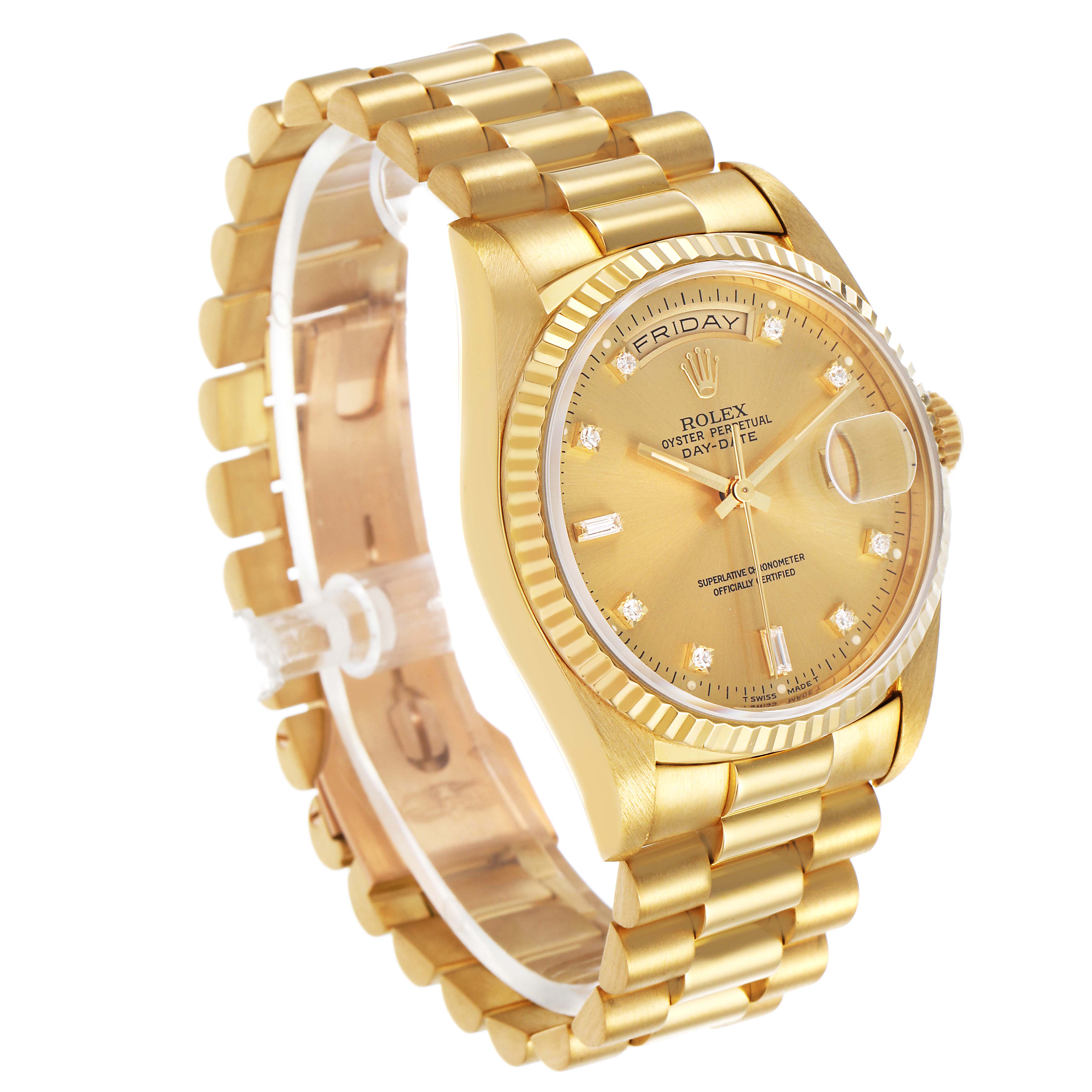 The Rolex President 18238 Men's Yellow Gold Champagne Dial watch is shown at a three-quarter angle, highlighting the gold bracelet, dial, bezel, and day-date display.