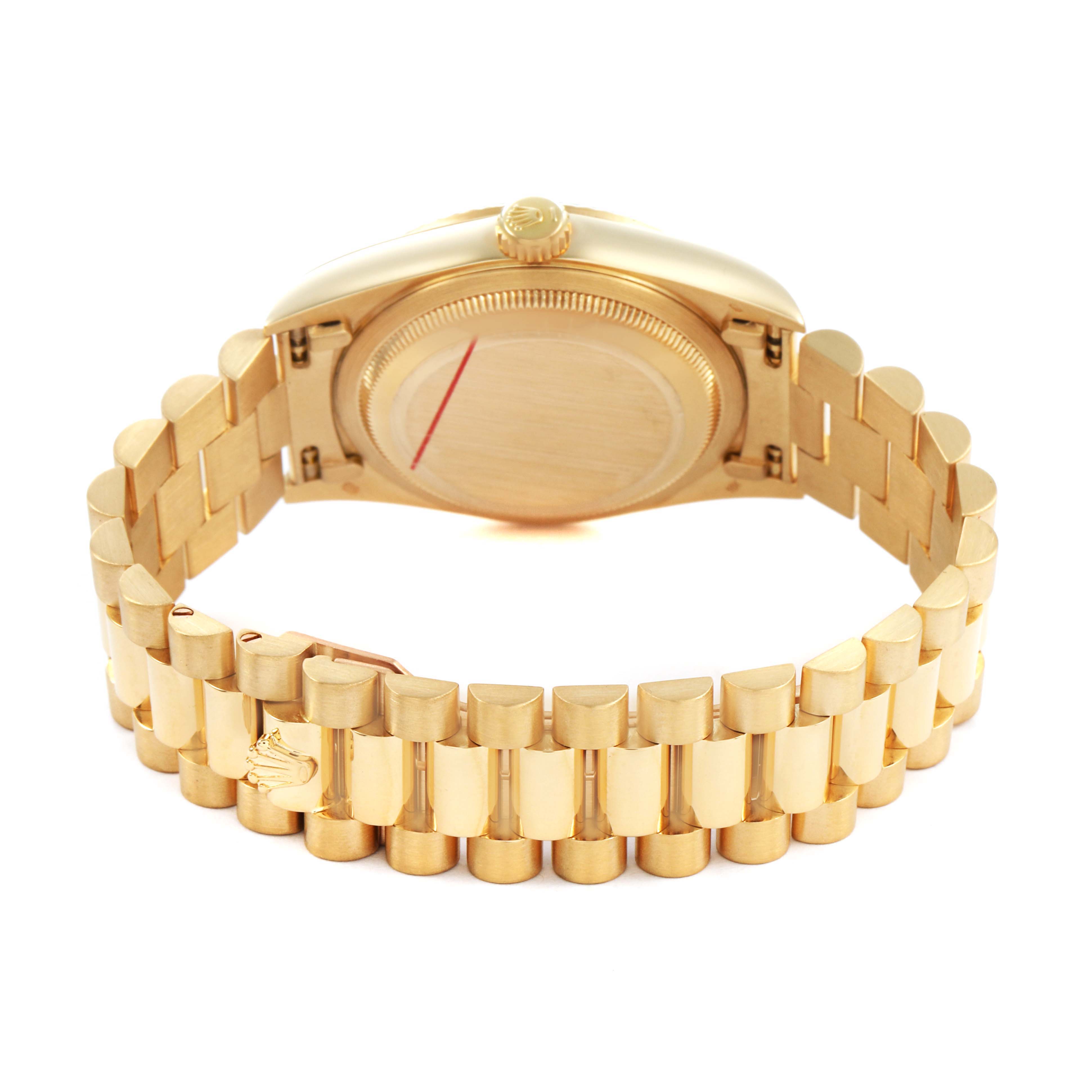 The image shows the back and bracelet of a Rolex President 18238 Men's Yellow Gold Champagne Dial model at an angled view.