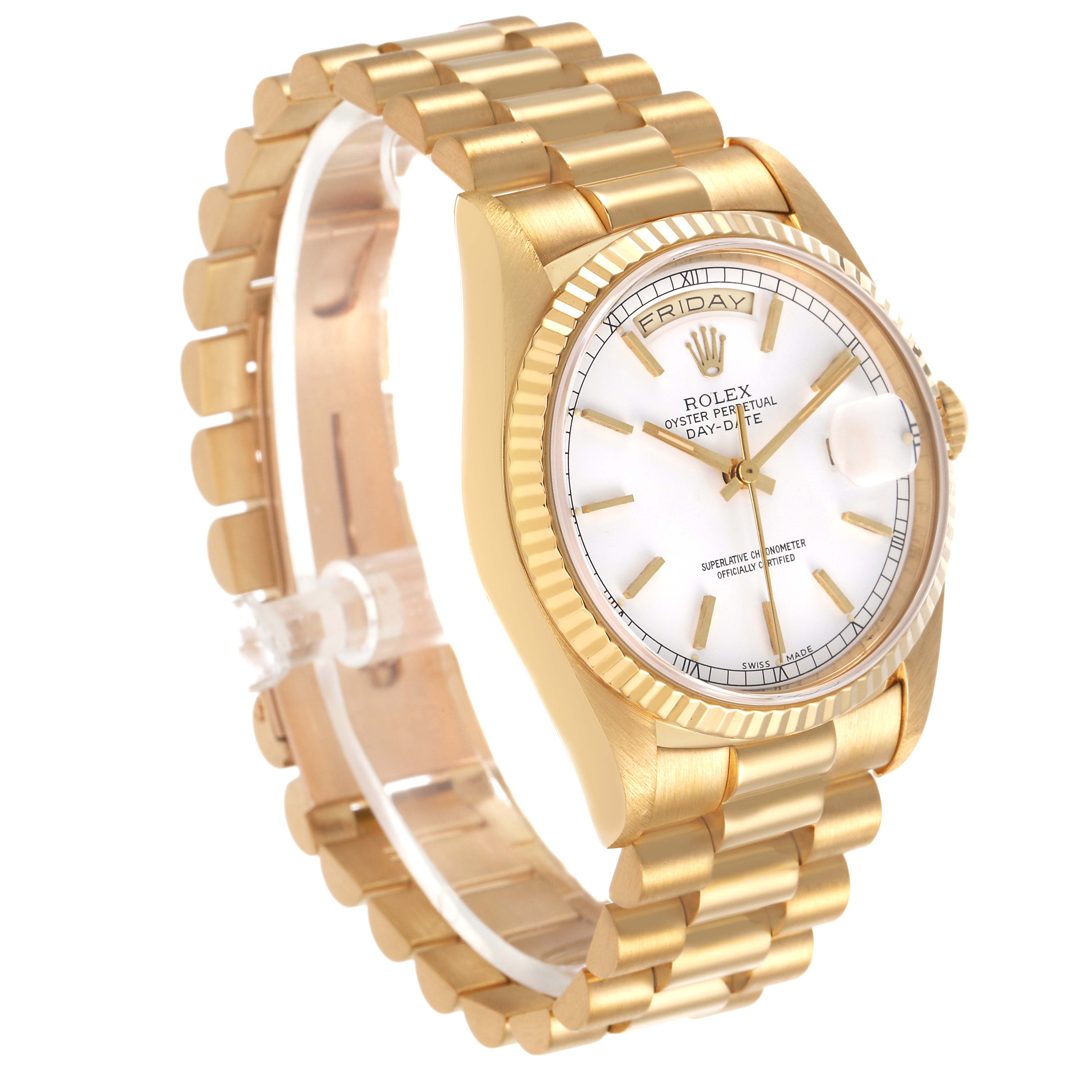 The image shows a side view of the Rolex President 18238 Men's Yellow Gold White Dial model watch, highlighting the gold case, bracelet, and dial.