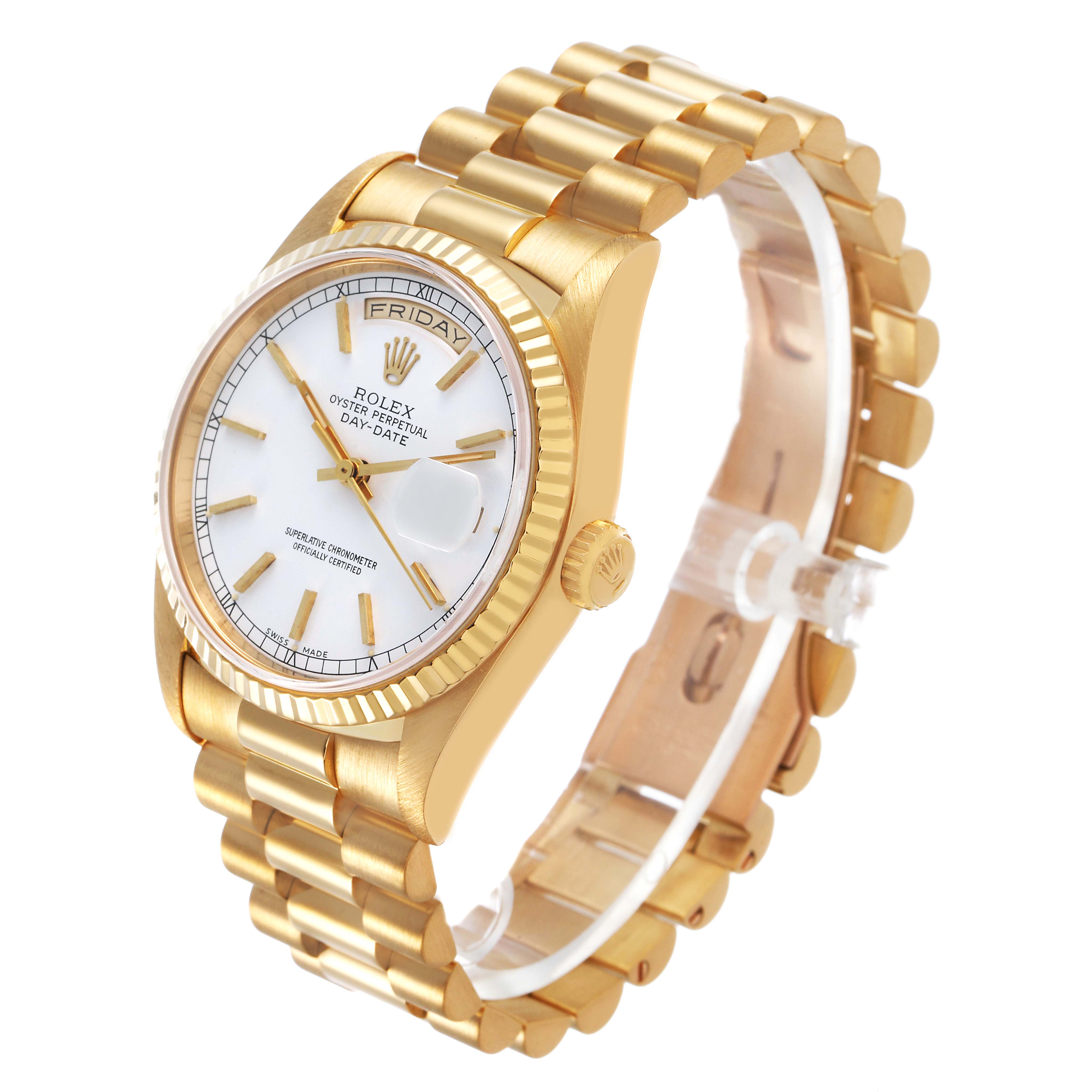 The image shows a Rolex President 18238 Men's Yellow Gold White Dial model at a three-quarter angle, highlighting the gold case, bracelet, and dial.