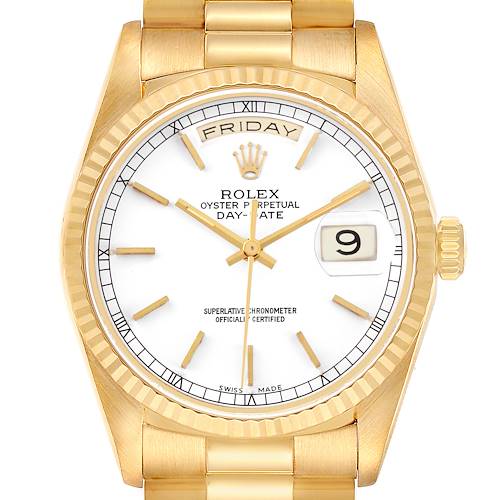 The Rolex President 18238 Men's Yellow Gold White Dial watch is shown from a top view, displaying its gold bezel, dial, and part of the bracelet.