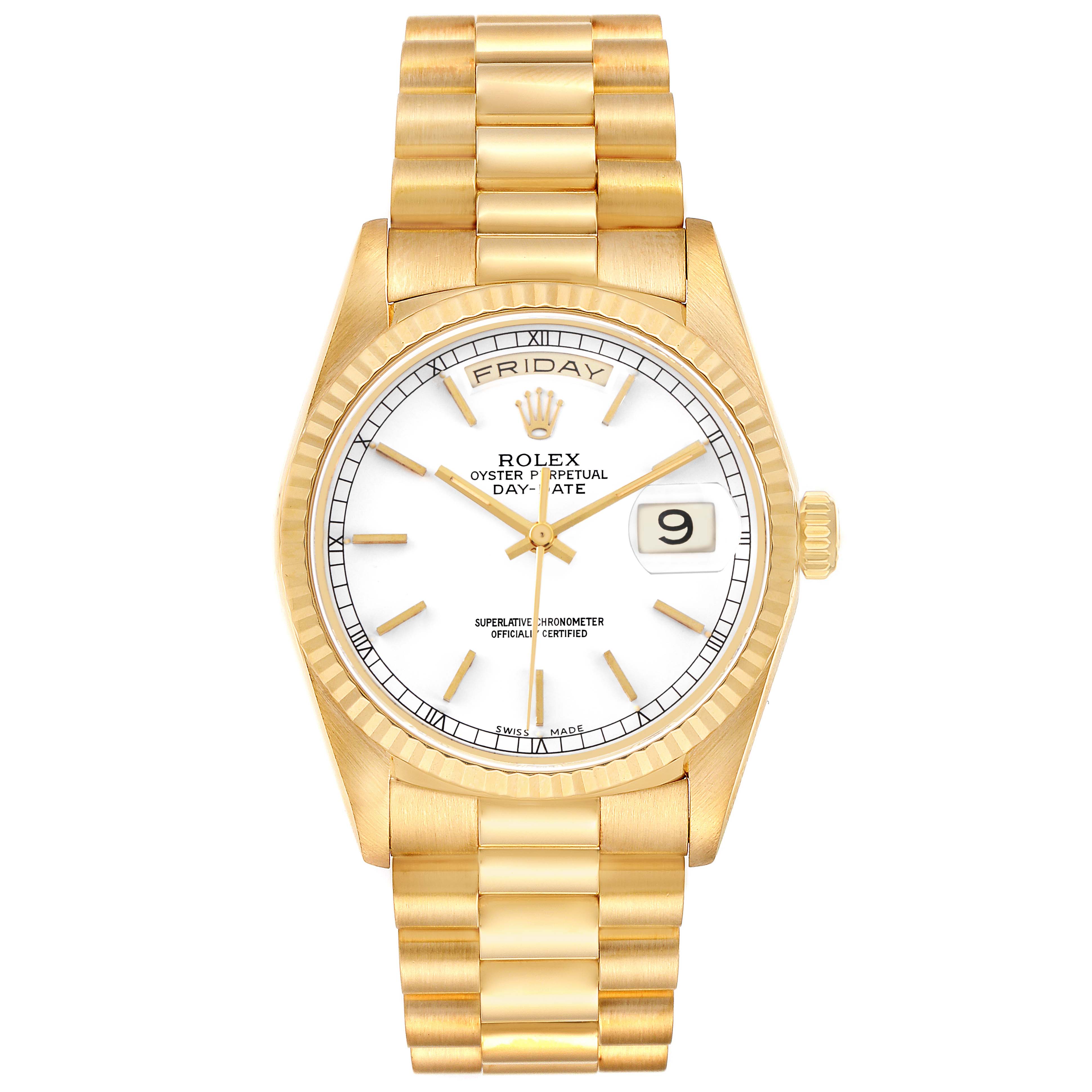The Rolex President 18238 Men's Yellow Gold White Dial model watch is shown from a front view, highlighting the gold bracelet, bezel, dial, and date display.