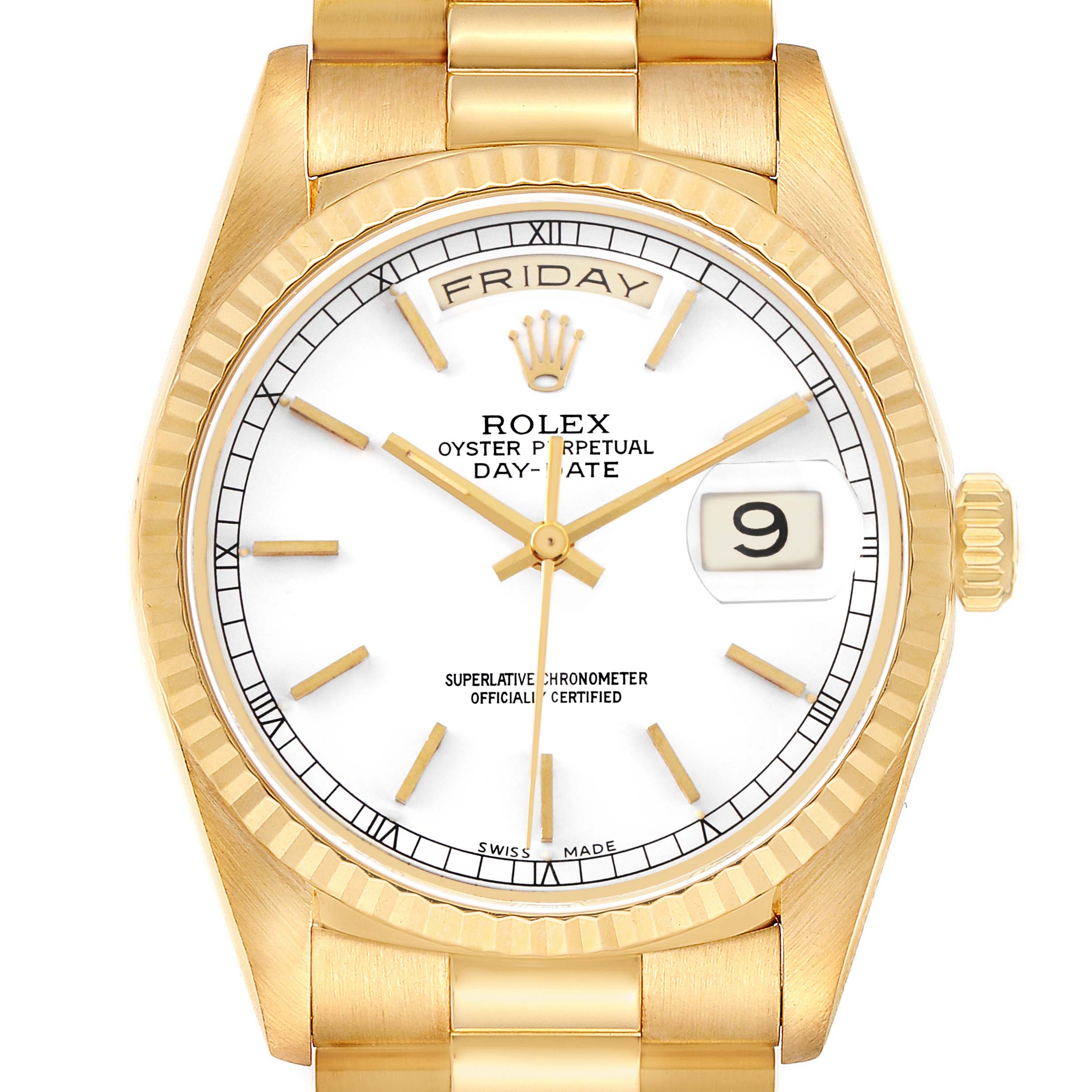 The Rolex President 18238 Men's Yellow Gold White Dial model is shown from a top-down angle, highlighting the dial, hands, date window, and bracelet.