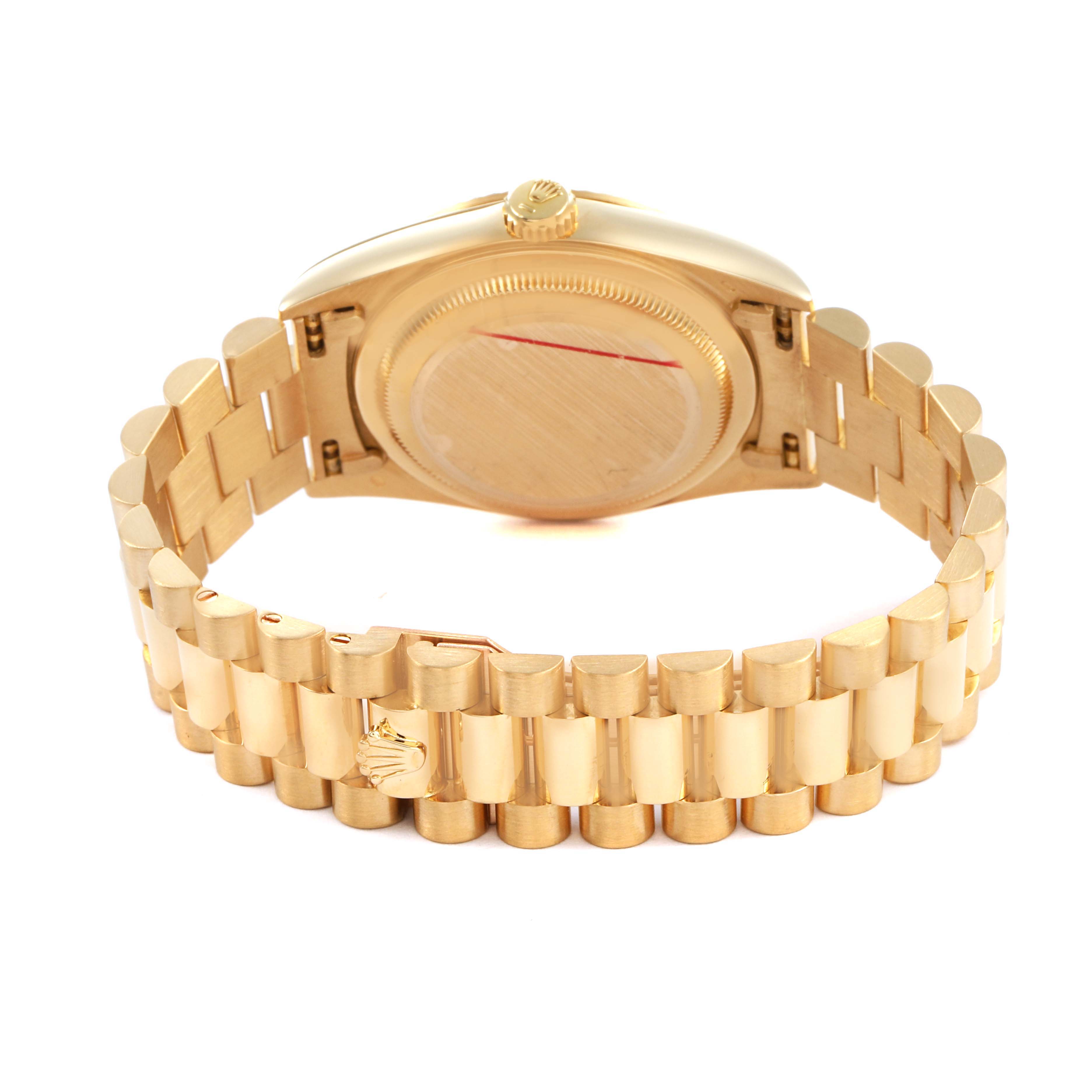 The Rolex President 18238 Men's Yellow Gold White Dial model watch is shown from the back, highlighting the bracelet and case back.