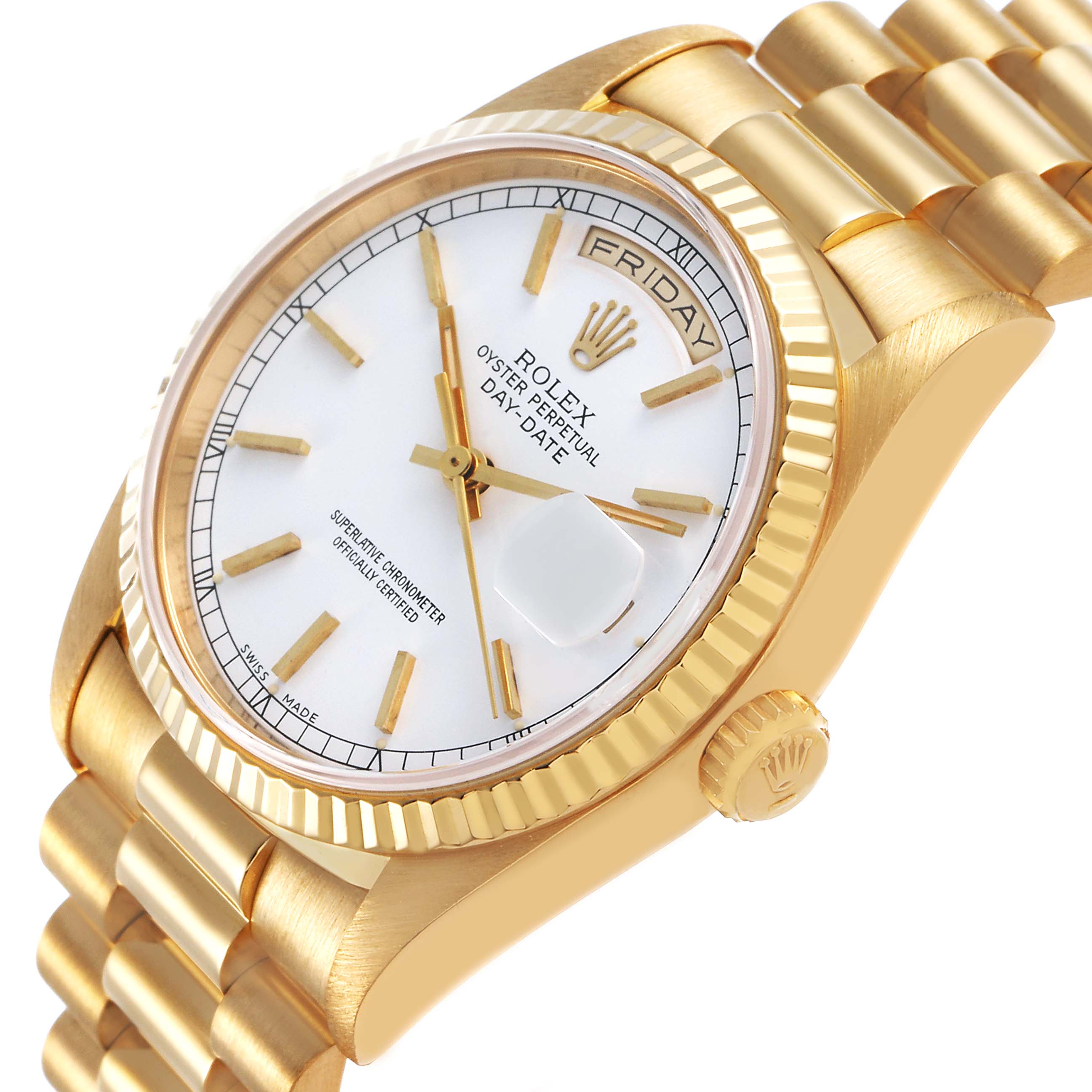 The Rolex President 18238 Men's Yellow Gold White Dial model is shown from a side angle, displaying the case, fluted bezel, dial, day-date window, and bracelet.
