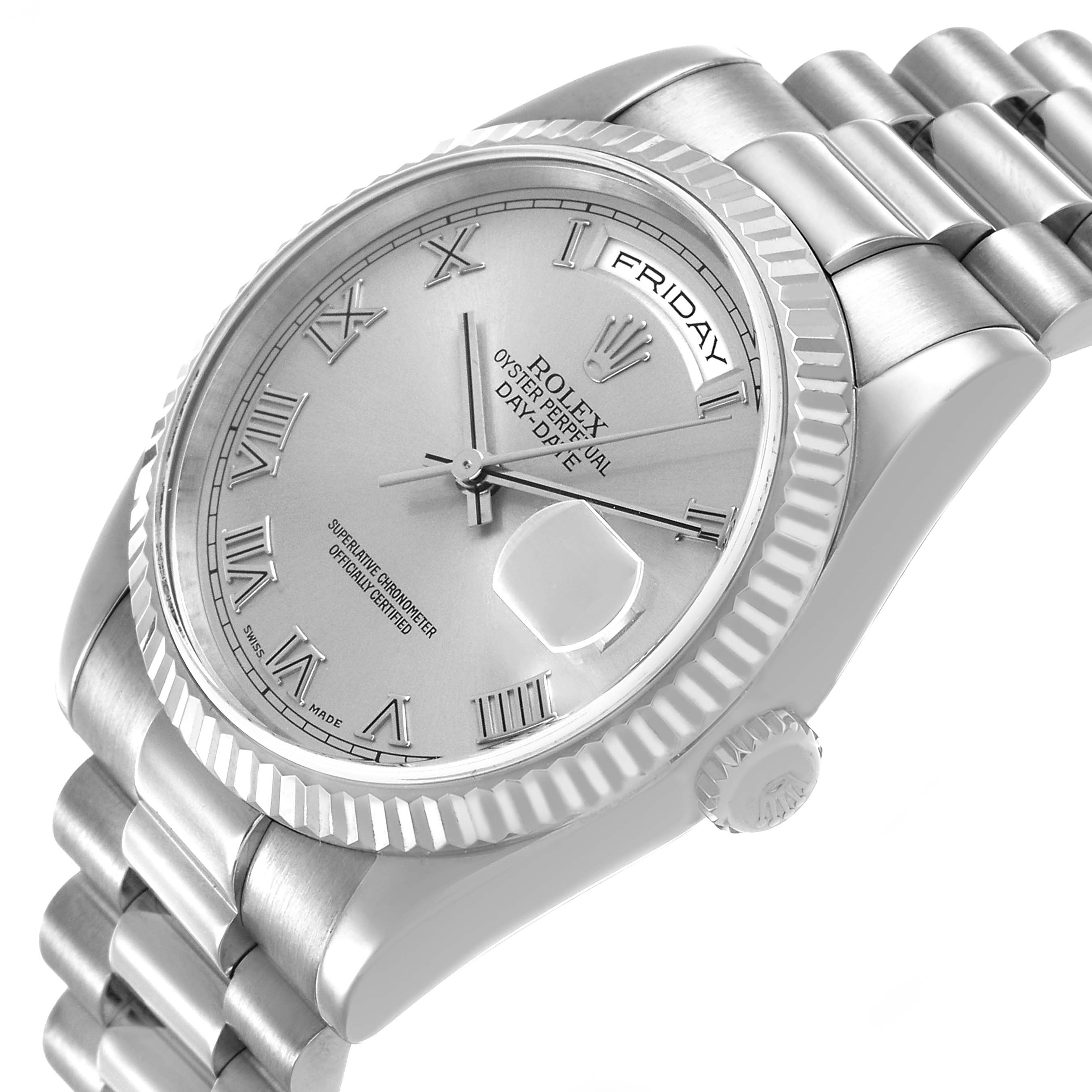 The Rolex President 118209 Men's White Gold Silver Dial model watch is shown at a three-quarter angle highlighting the dial, bezel, crown, and part of the bracelet.