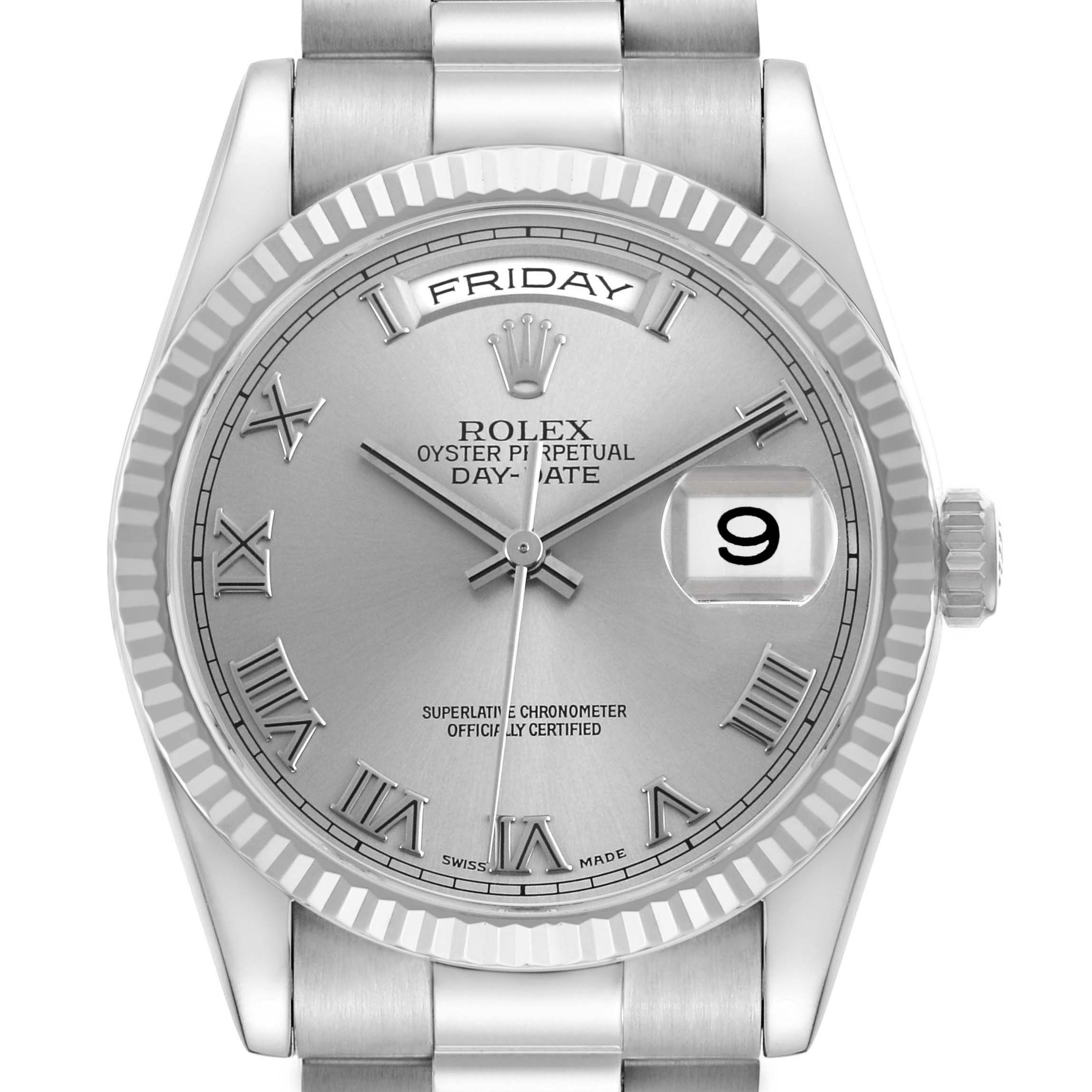 The Rolex President 118209 Mens White Gold Silver Dial model watch is shown from the front, highlighting the dial, bezel, bracelet, and crown.