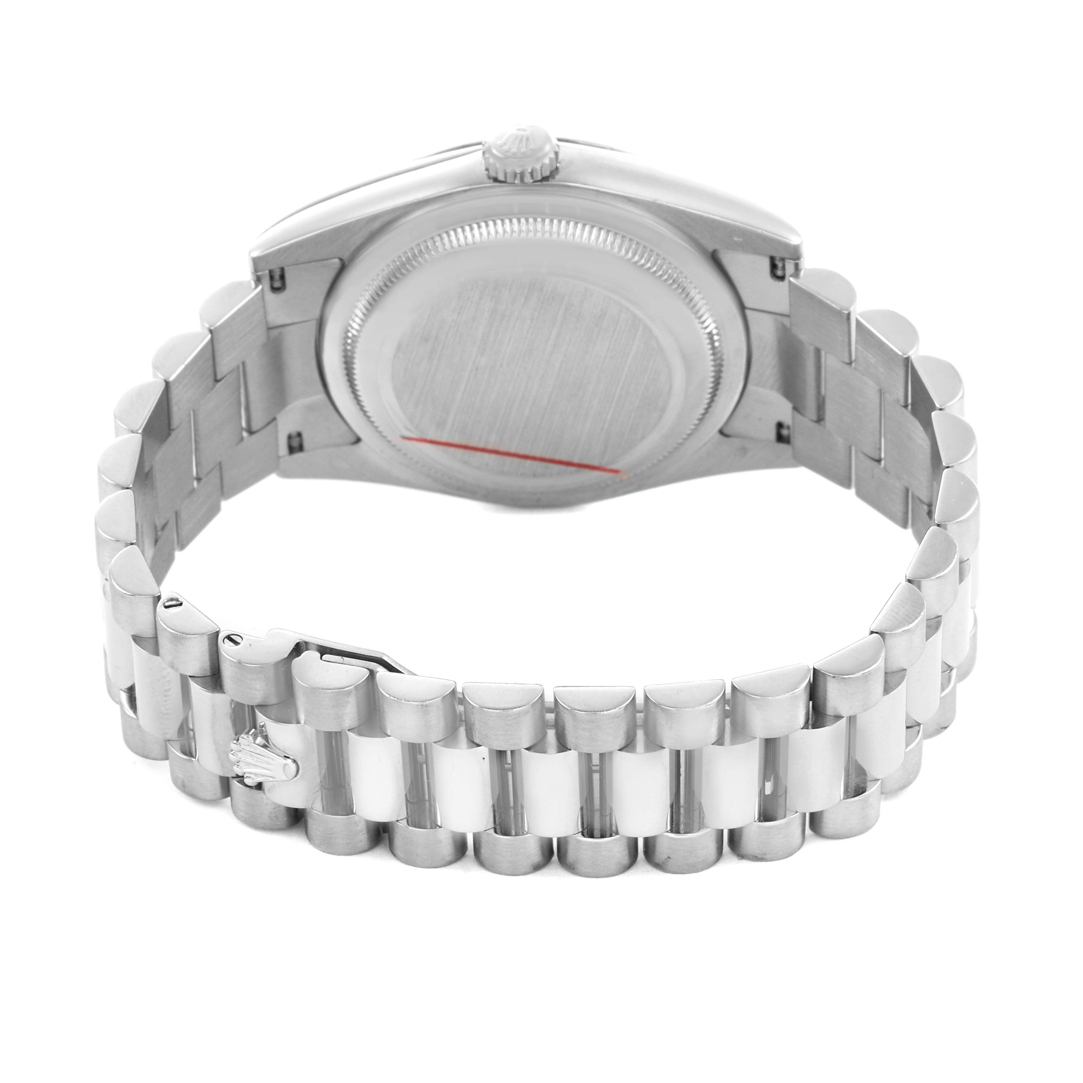 The image shows the back and bracelet of a Rolex President 118209 Men's White Gold Silver Dial model watch, focusing on the clasp and caseback.