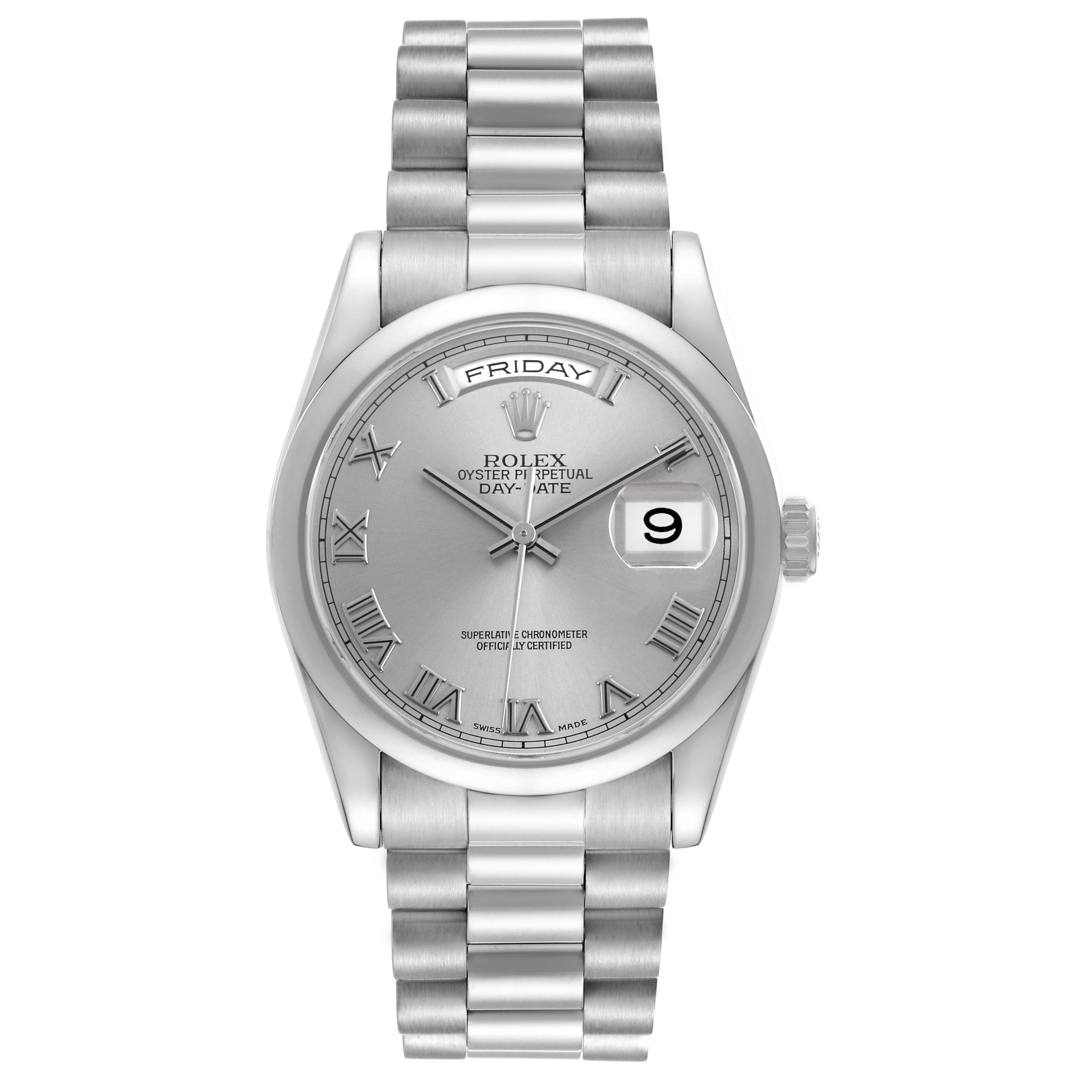 The Rolex President 118209 Men's White Gold Silver Dial model is shown from a front angle, displaying the dial, bracelet, and date window.