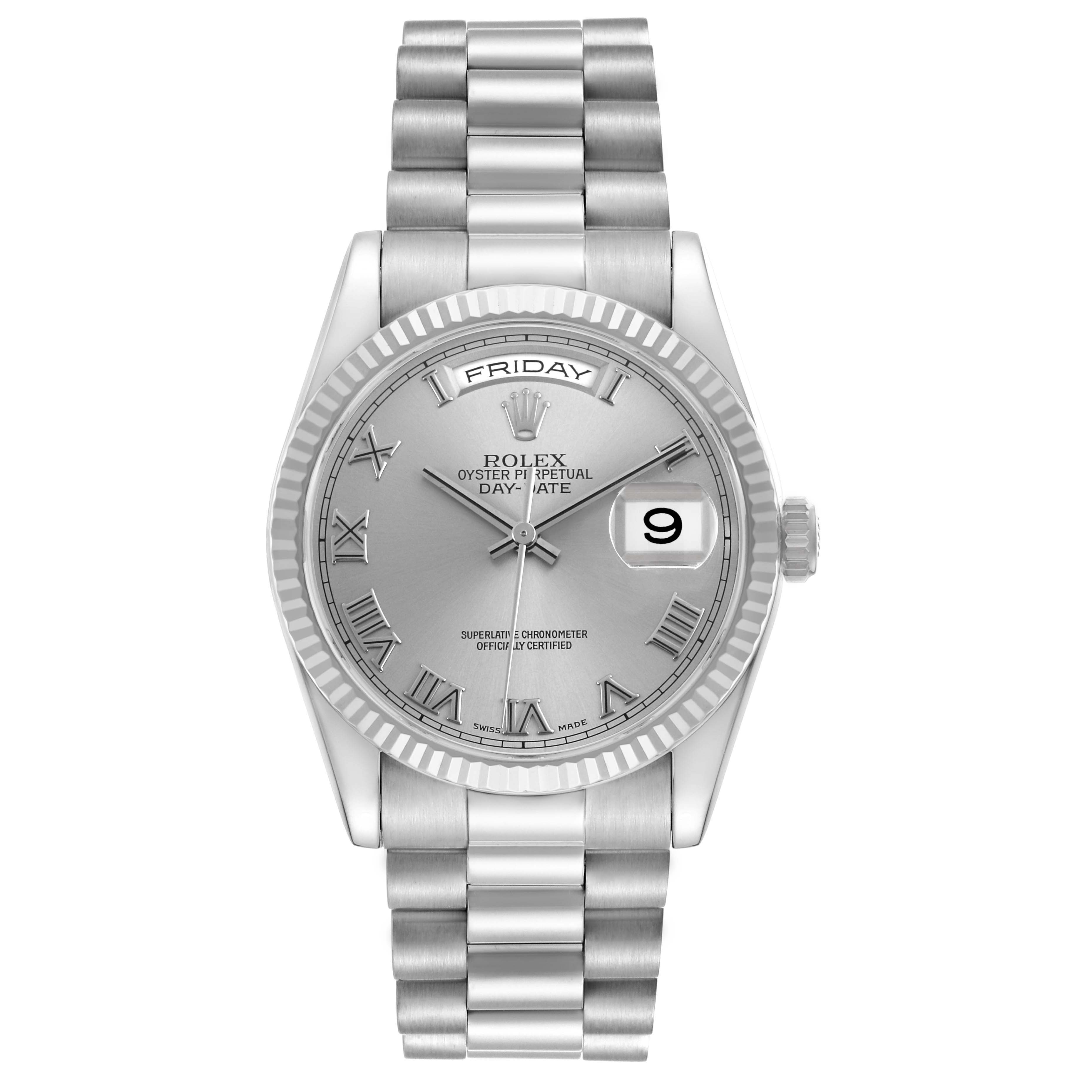 The Rolex President 118209 Mens White Gold Silver Dial model is shown from a top-down view, highlighting the dial, bezel, bracelet, and date window.