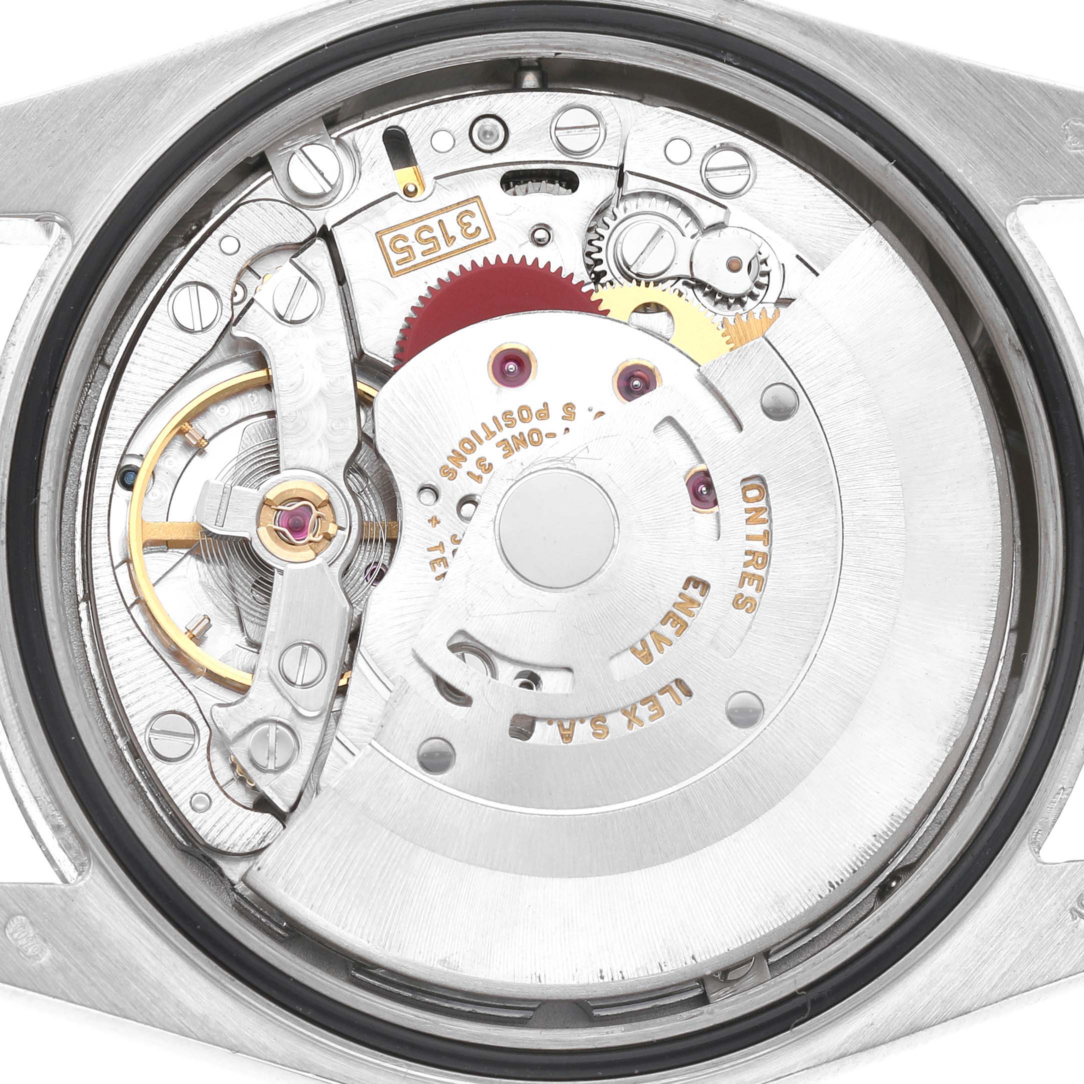The image shows the internal movement mechanism of a Rolex President 118209 Men's White Gold Silver Dial watch, focusing on the rotor and gears.