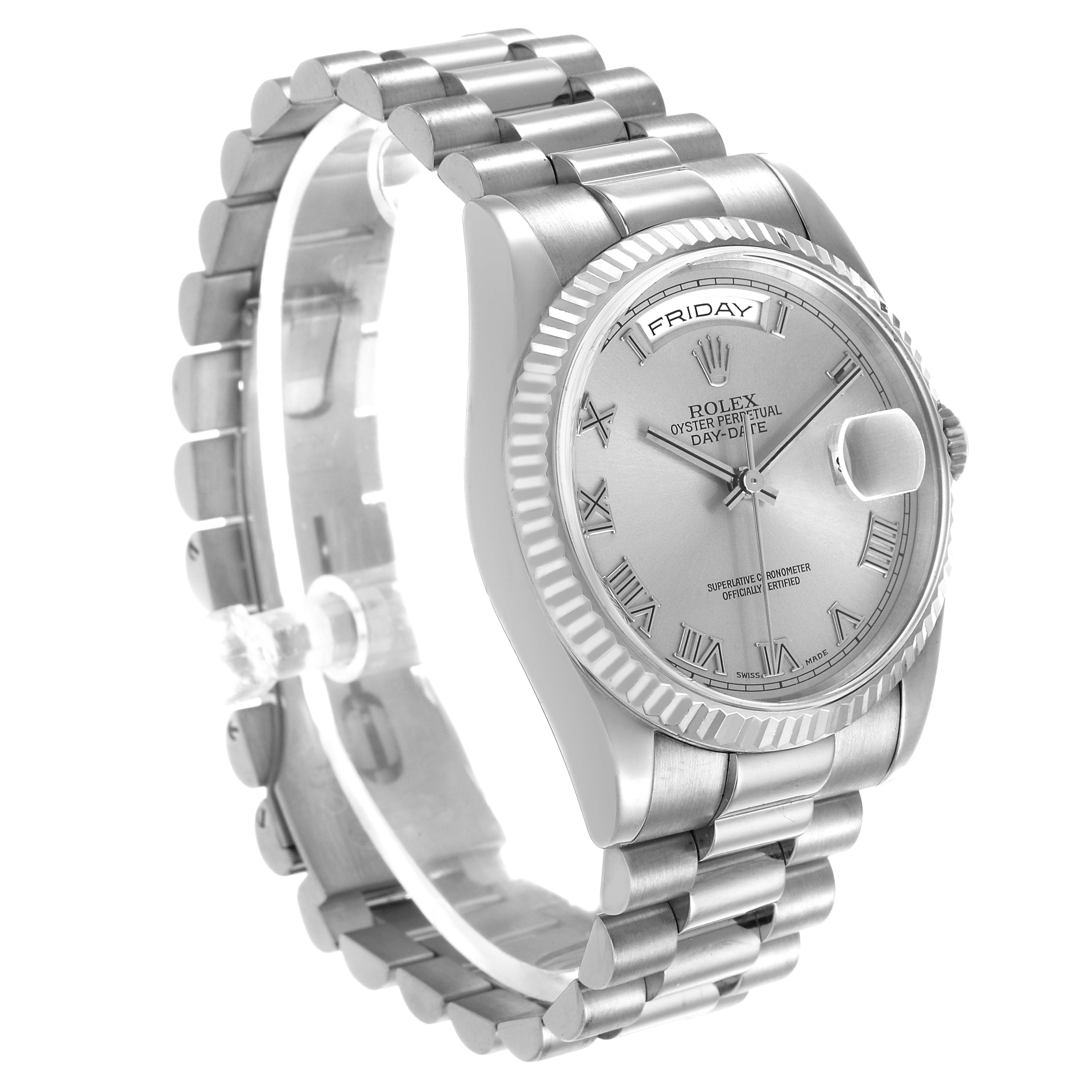 The Rolex President 118209 Men's White Gold Silver Dial model watch is shown at a three-quarter angle, highlighting the face, bracelet, and fluted bezel.