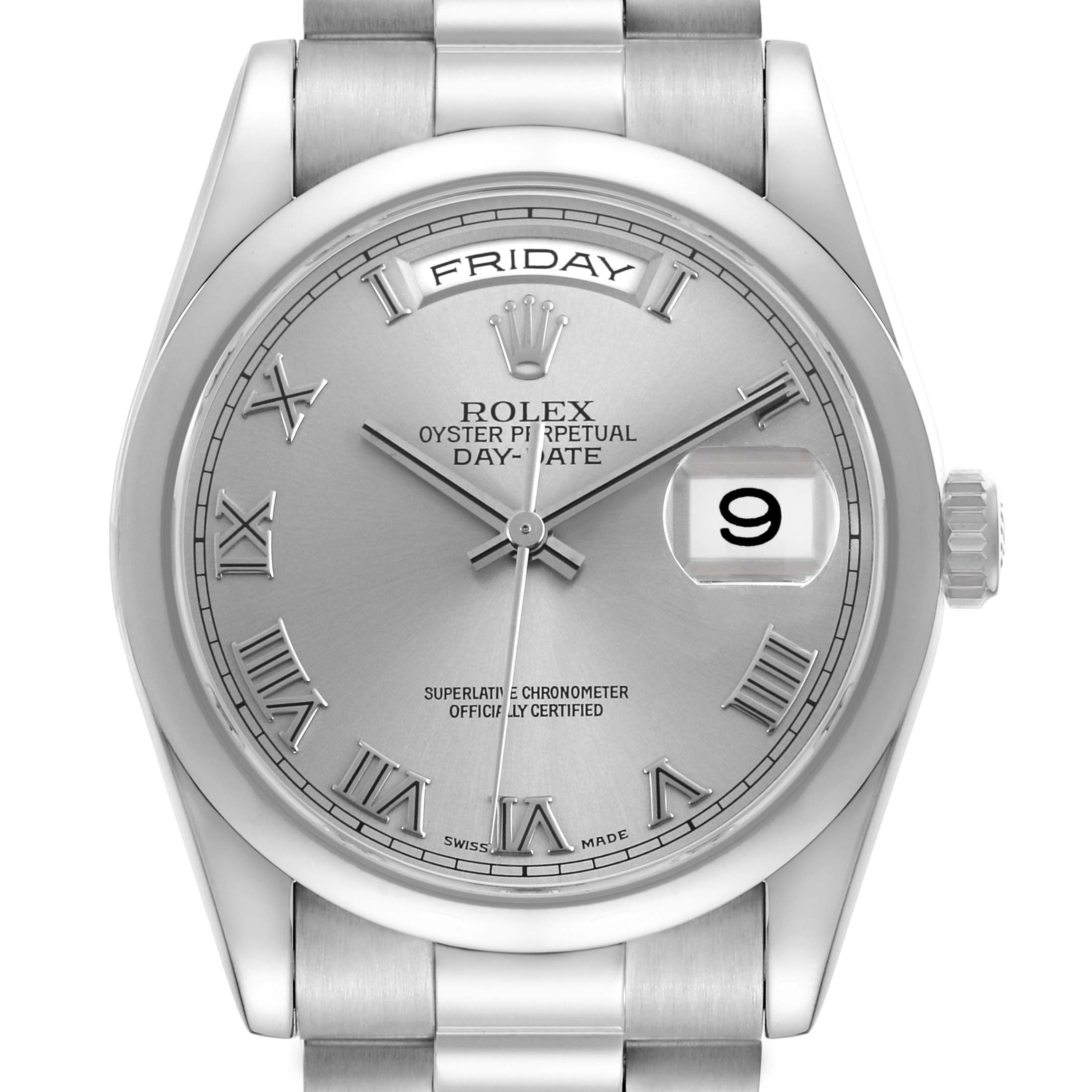 The Rolex President 118209 Men's White Gold Silver Dial model is shown from a top-down angle, displaying the dial, crown, and part of the bracelet.