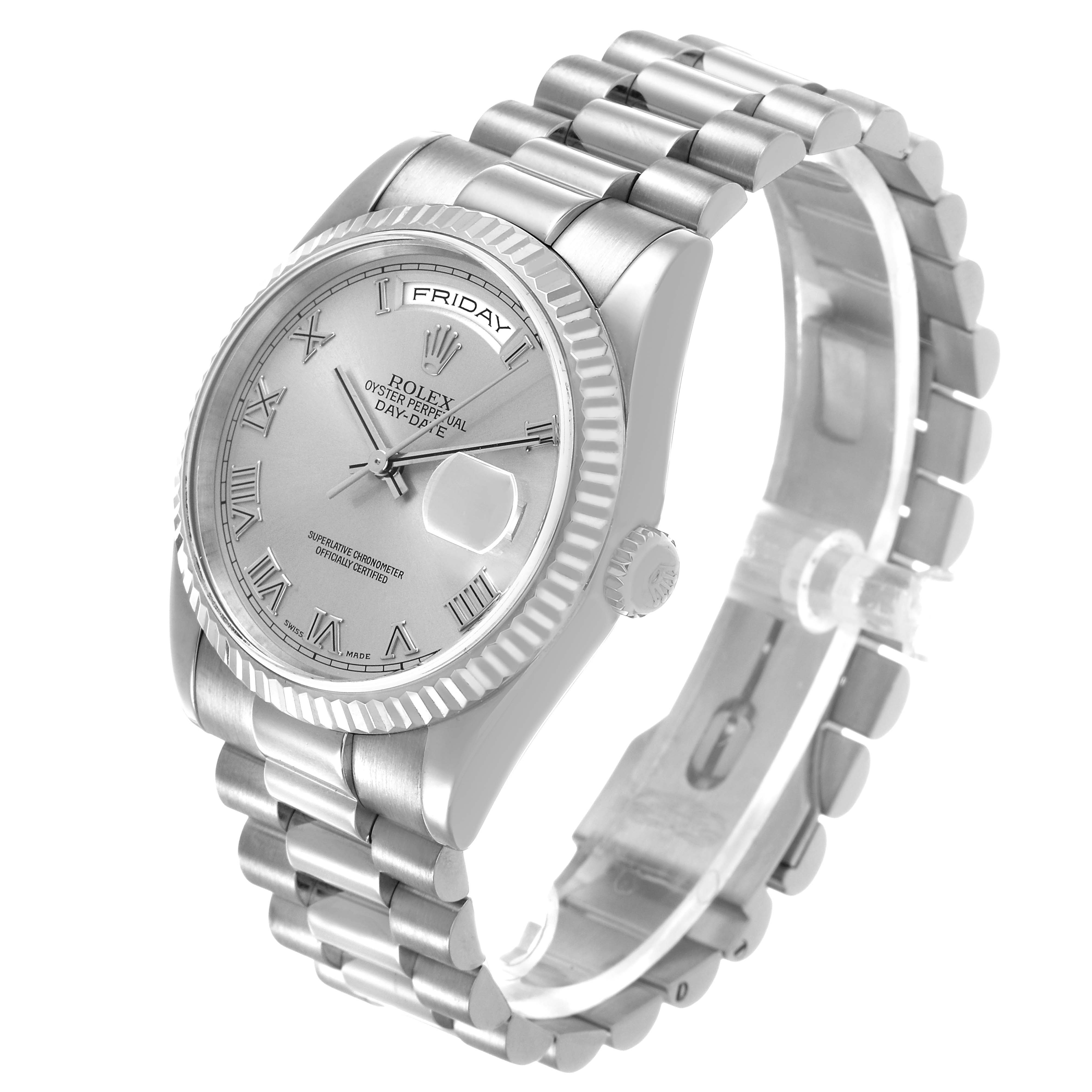 The Rolex President 118209 Men's White Gold Silver Dial watch is shown at a three-quarter angle, highlighting the dial, bezel, bracelet, and crown.
