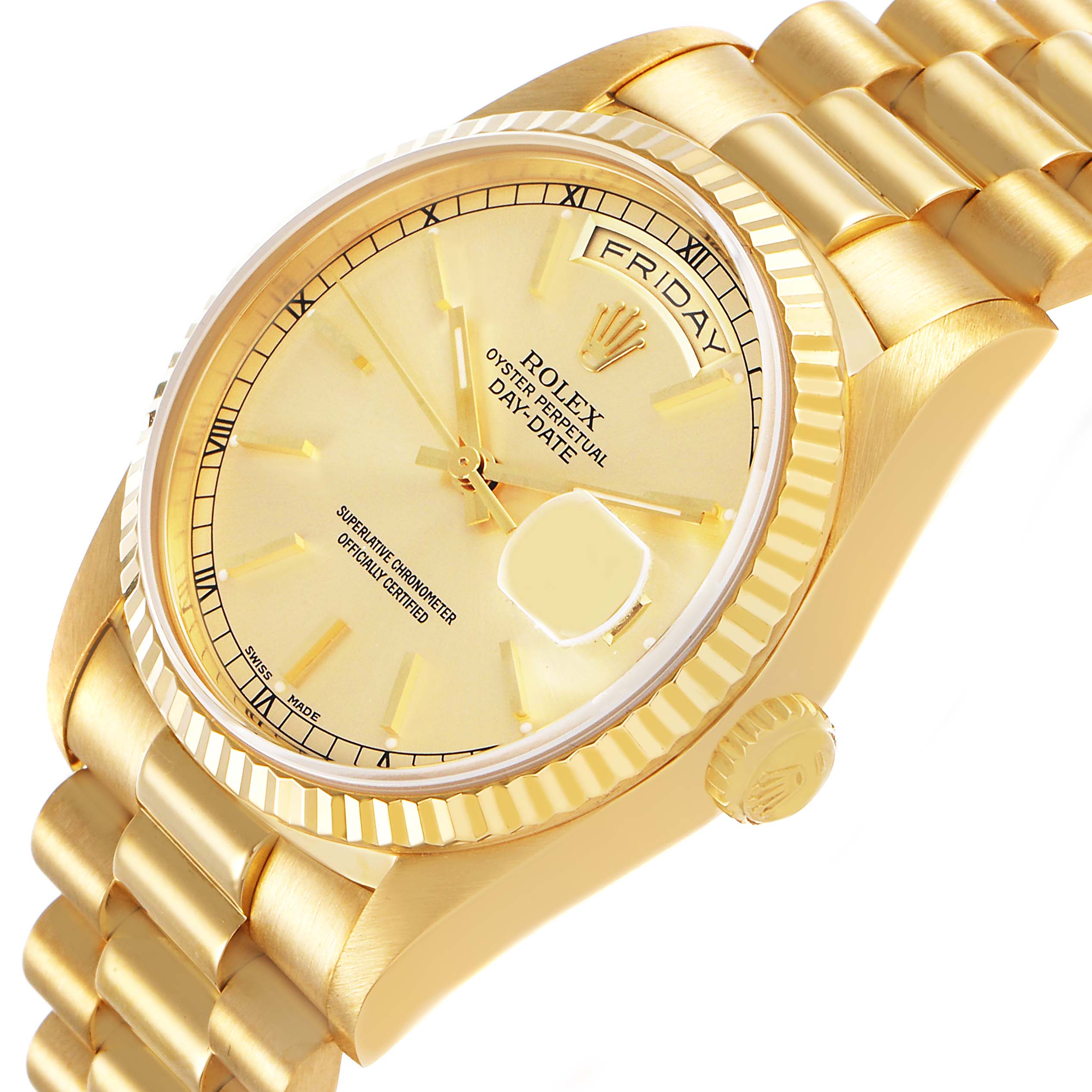 The image shows the Rolex President 18238 Men's Yellow Gold Champagne Dial Day-Date watch at a slight angle, displaying the dial, day window, crown, and part of the bracelet.