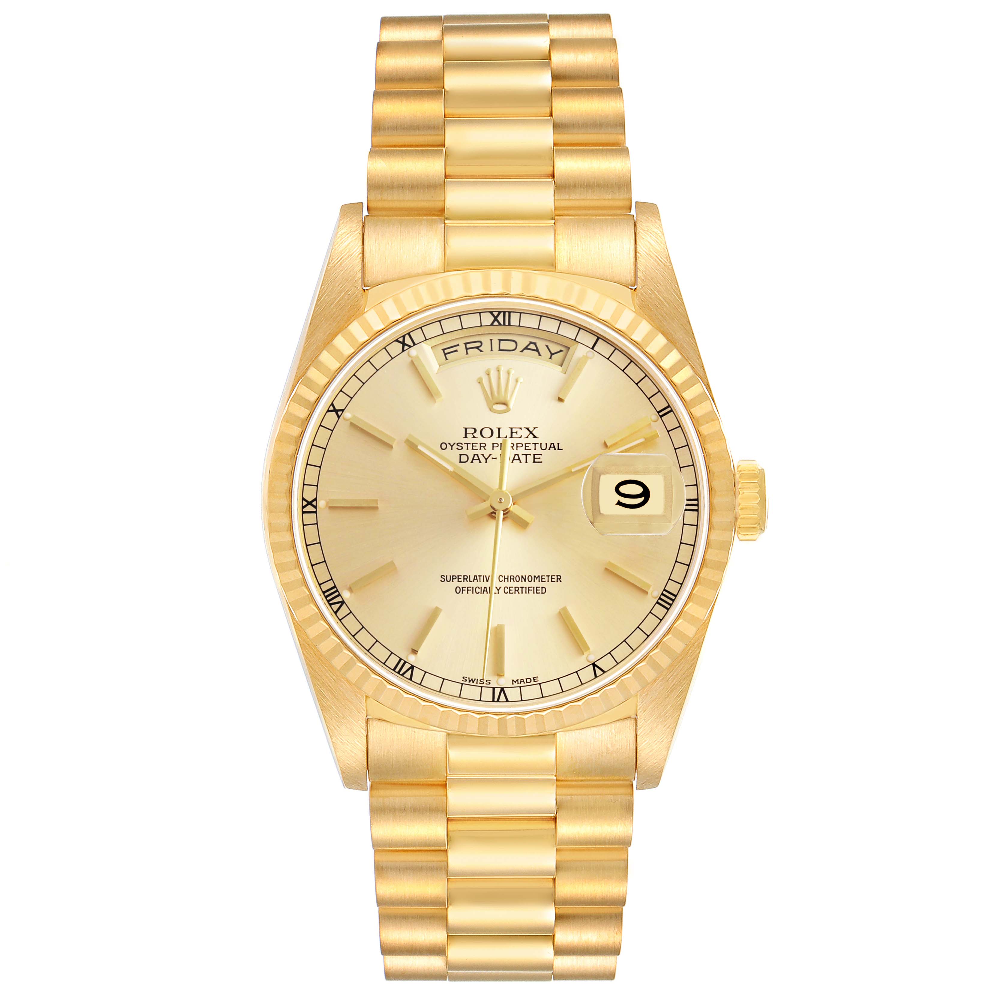 The Rolex President 18238 Men's Yellow Gold Champagne Dial watch is shown from a top-down angle, highlighting the gold bracelet, dial, day-date feature, and crown.