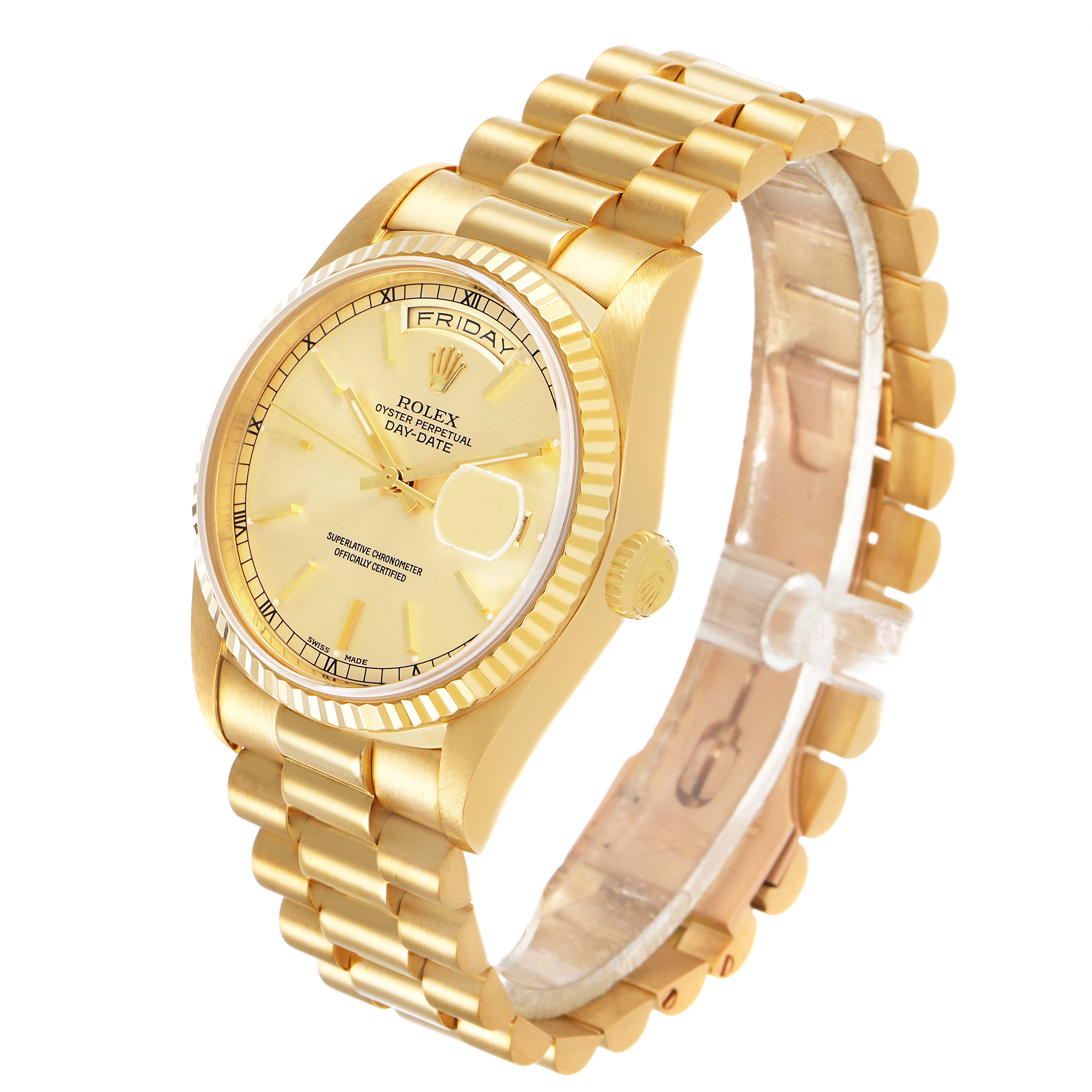The Rolex President 18238 Men's Yellow Gold Champagne Dial watch is shown at a three-quarter angle, displaying its face, bracelet, and side crown.