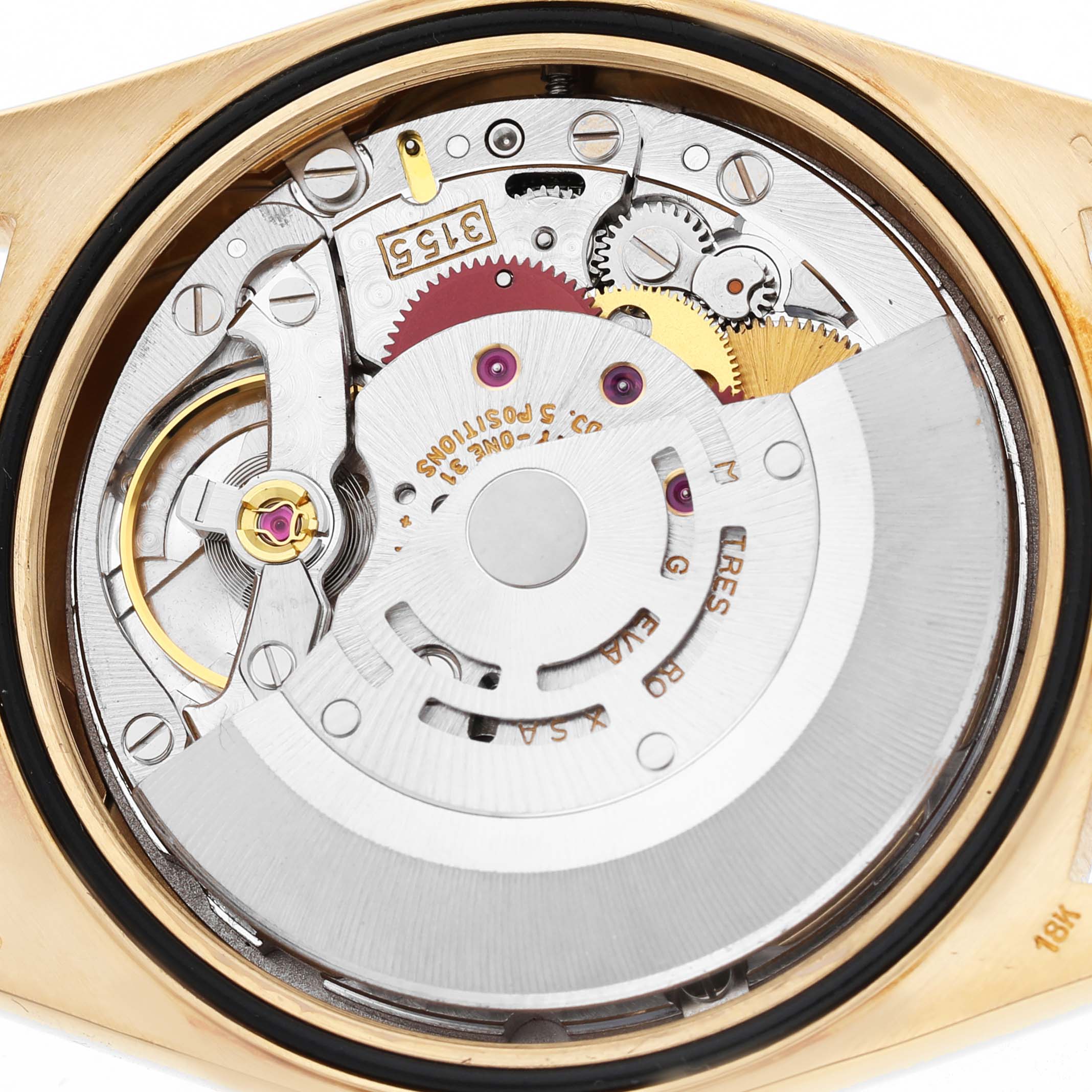 The image shows the internal movement of a Rolex President 18238 Men's Yellow Gold Champagne Dial watch from a back angle.