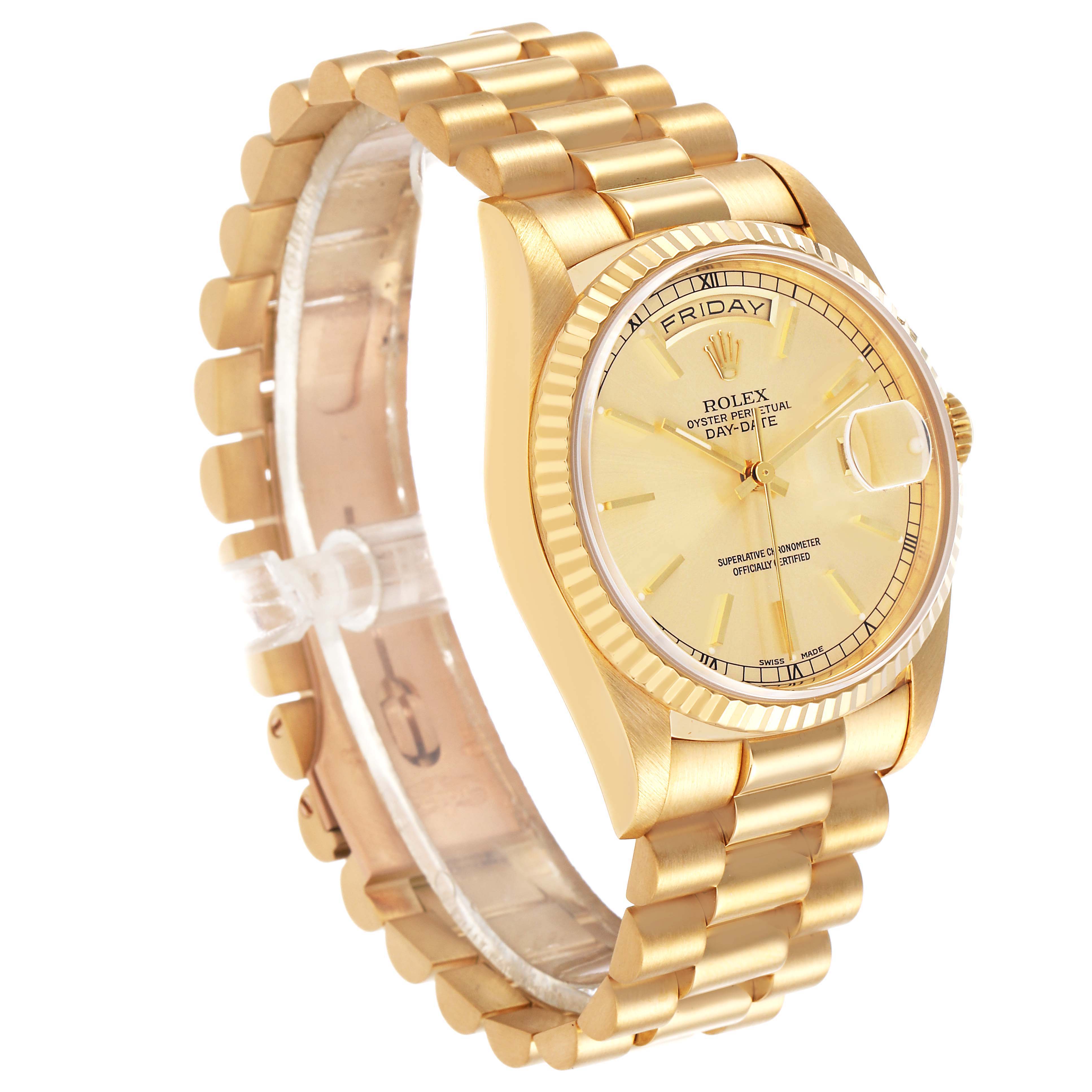 The Rolex President 18238 Men's Yellow Gold Champagne Dial watch is shown at a three-quarter angle, highlighting the dial, bezel, and bracelet.
