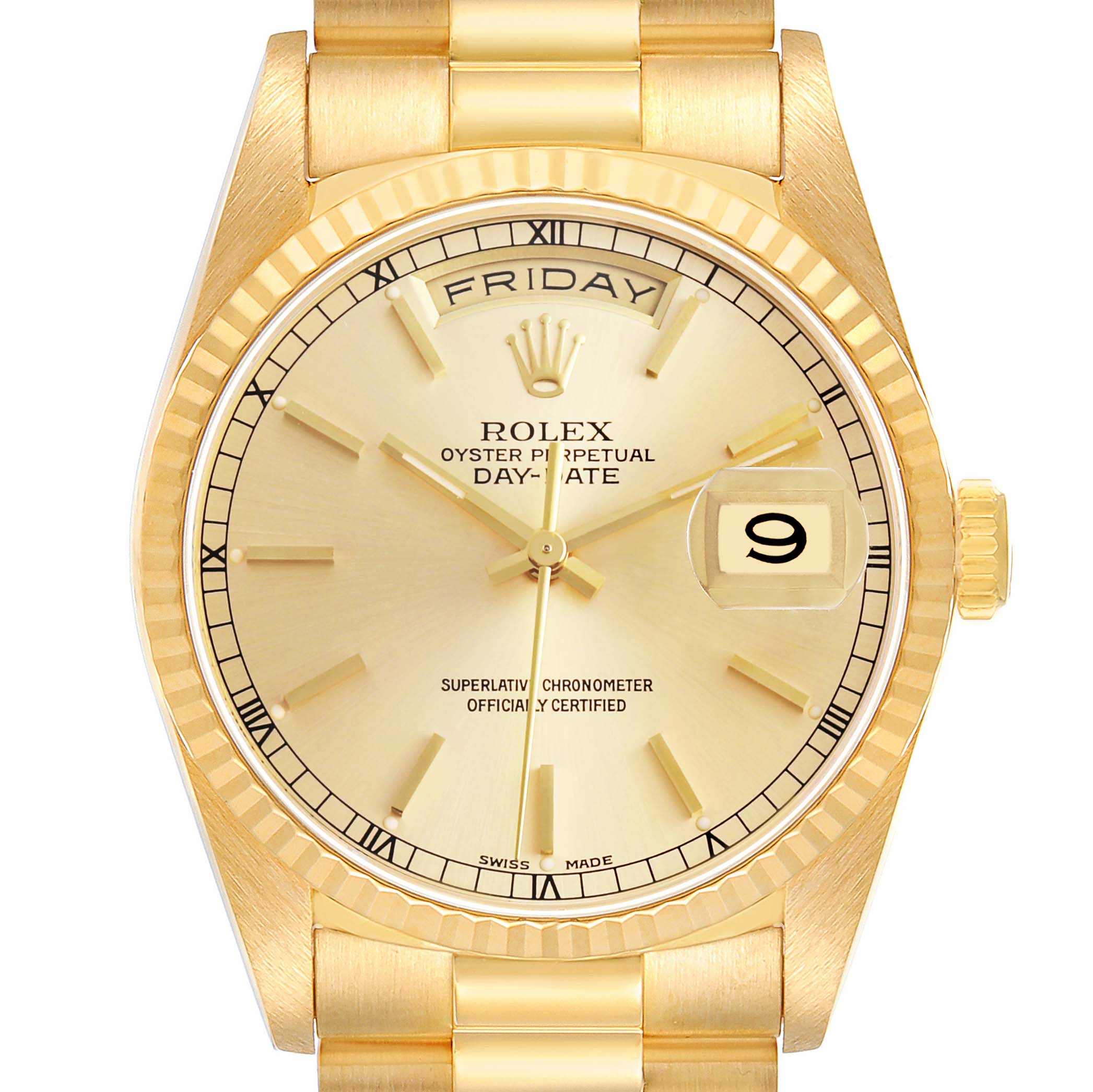 The Rolex President 18238 Men's Yellow Gold Champagne Dial model is shown from a front angle, displaying the face, hands, date, bracelet, and bezel.