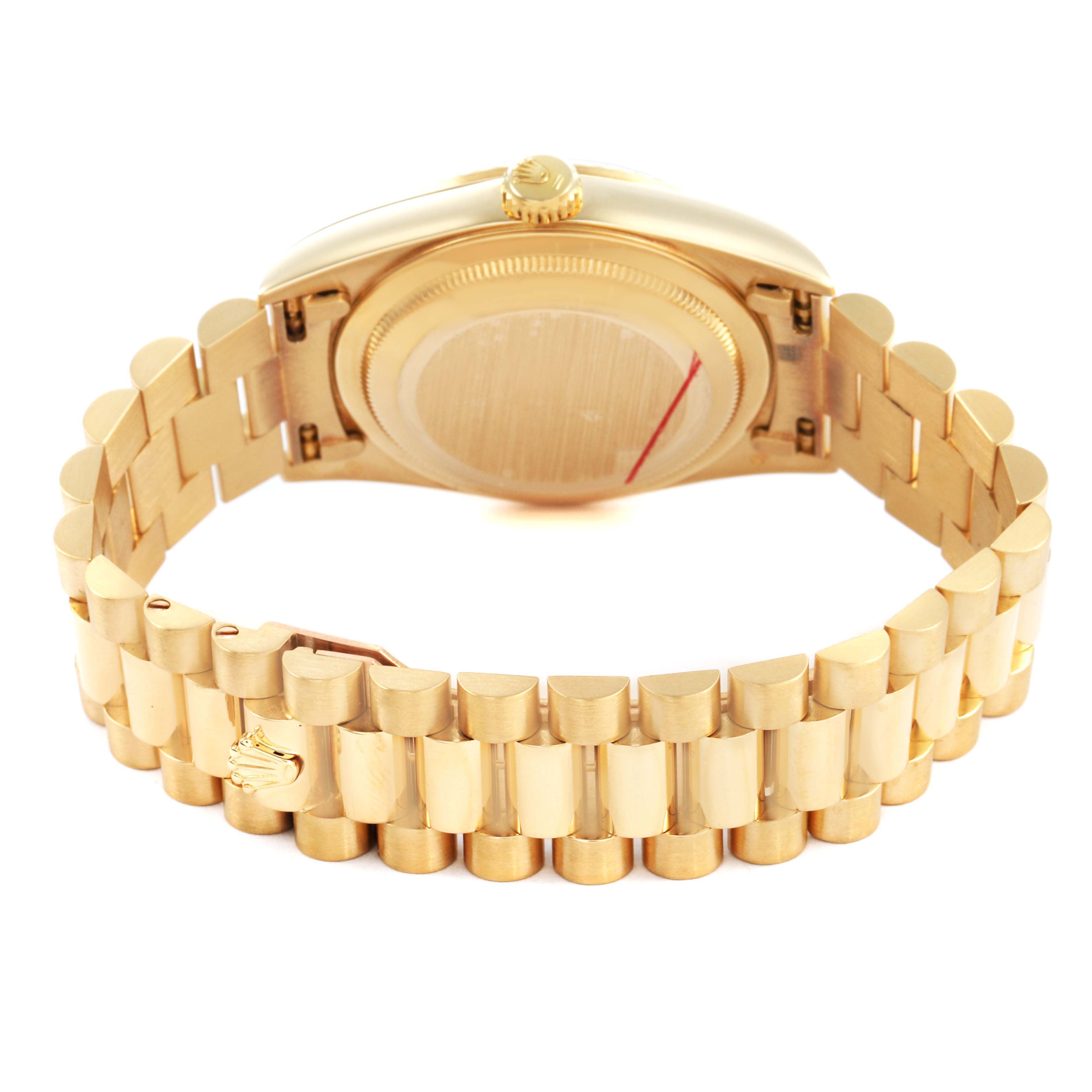 The image shows the back of a Rolex President 18238 Men's Yellow Gold Champagne Dial model watch, highlighting the bracelet and case back.