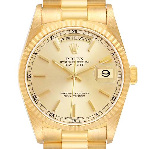The image shows a front view of a Rolex President 18238 Men's Yellow Gold Champagne Dial model, highlighting the gold dial, date window, and day display.