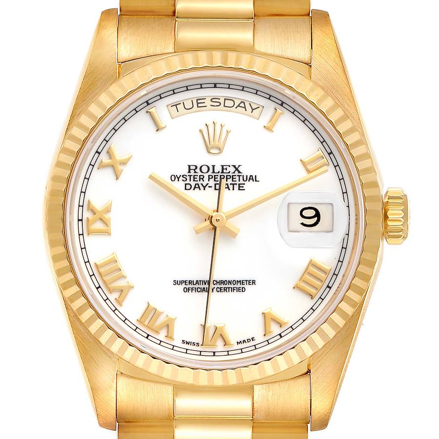 Rolex President Day-Date Yellow Gold White Dial Mens Watch 18238 Box Papers SwissWatchExpo