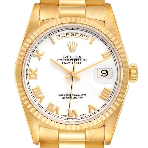 Photo of Rolex President Day-Date Yellow Gold White Dial Mens Watch 18238 Box Papers