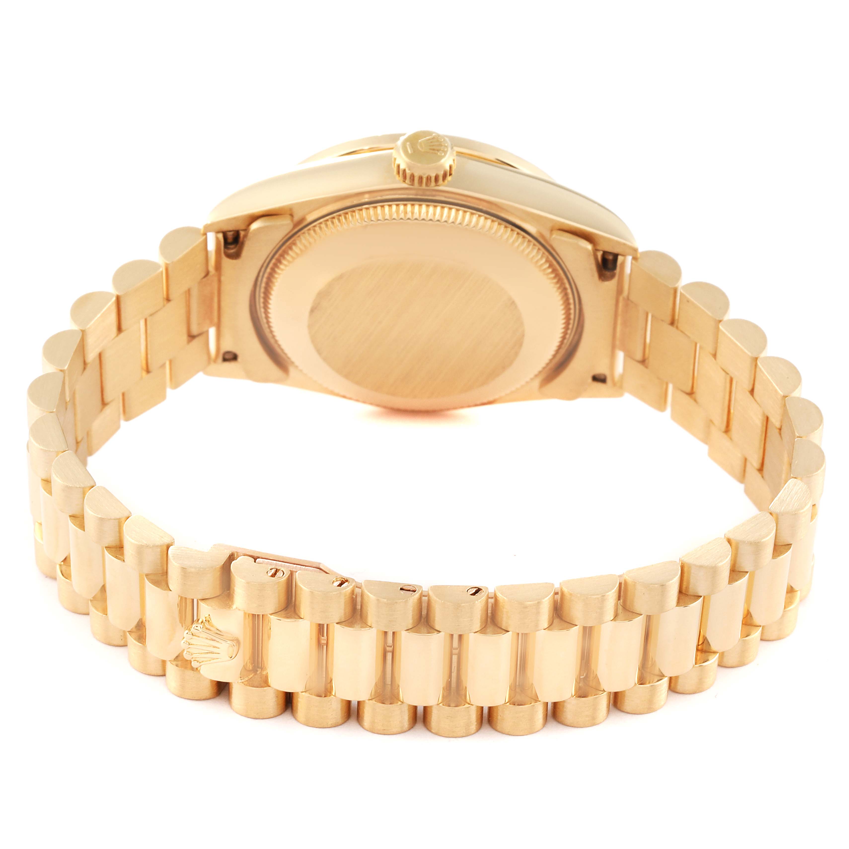 The image shows the back and bracelet of a Rolex President 68158 Women
s Yellow Gold Champagne Dial 68158 Women
s Yellow Gold Champagne Dial model watch from a low, slightly angled perspective.