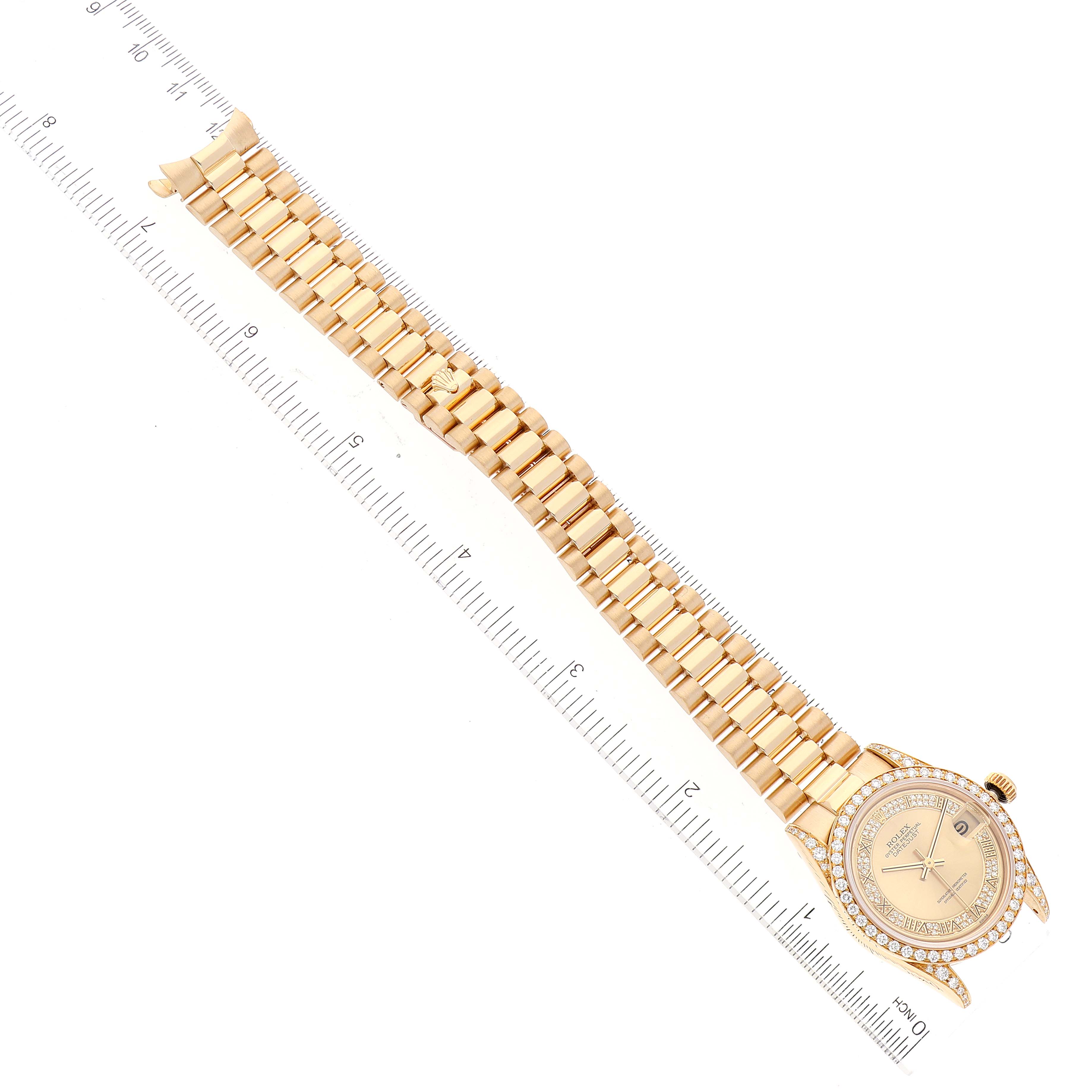 The image shows a full top-down view of a Rolex President 68158 Women
s Yellow Gold Champagne Dial 68158 Women
s Yellow Gold Champagne Dial model watch, displaying its dial, bezel, and gold bracelet.