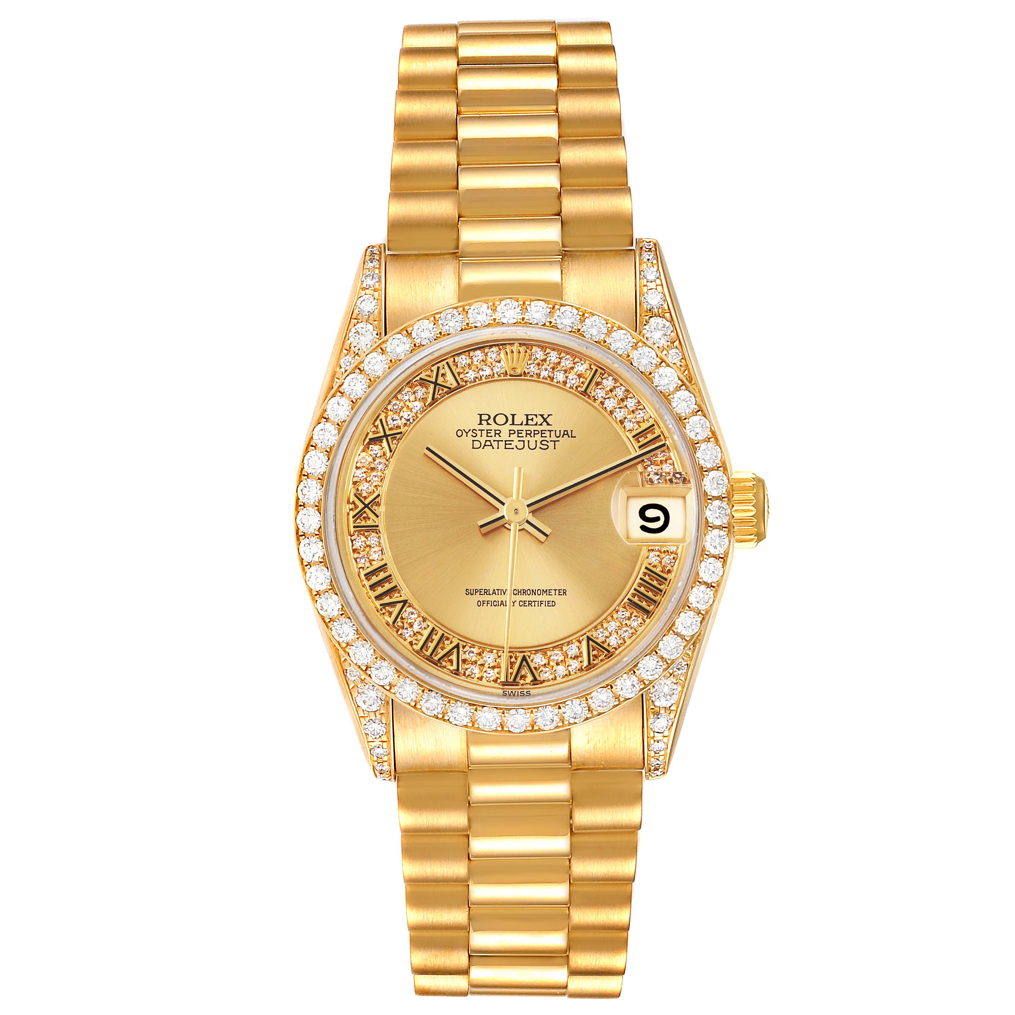 The Rolex President 68158 Women
s Yellow Gold Champagne Dial 68158 Women
s Yellow Gold Champagne Dial model watch is shown from a top-down angle, displaying its gold bracelet, diamond bezel, and detailed dial with date.