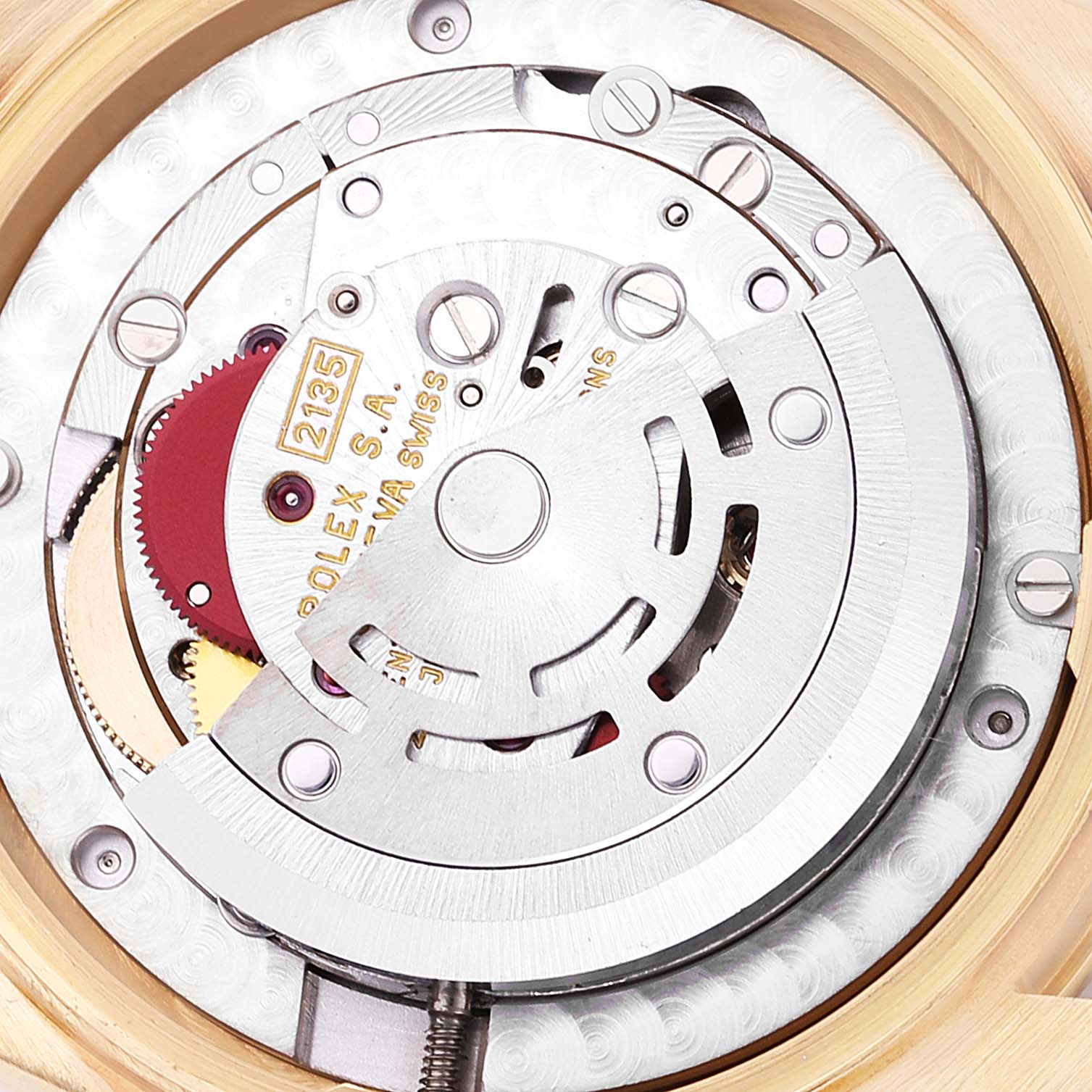 This is a close-up view of the movement mechanism inside a Rolex President 68158 Women
s Yellow Gold Champagne Dial 68158 Women
s Yellow Gold Champagne Dial model watch.