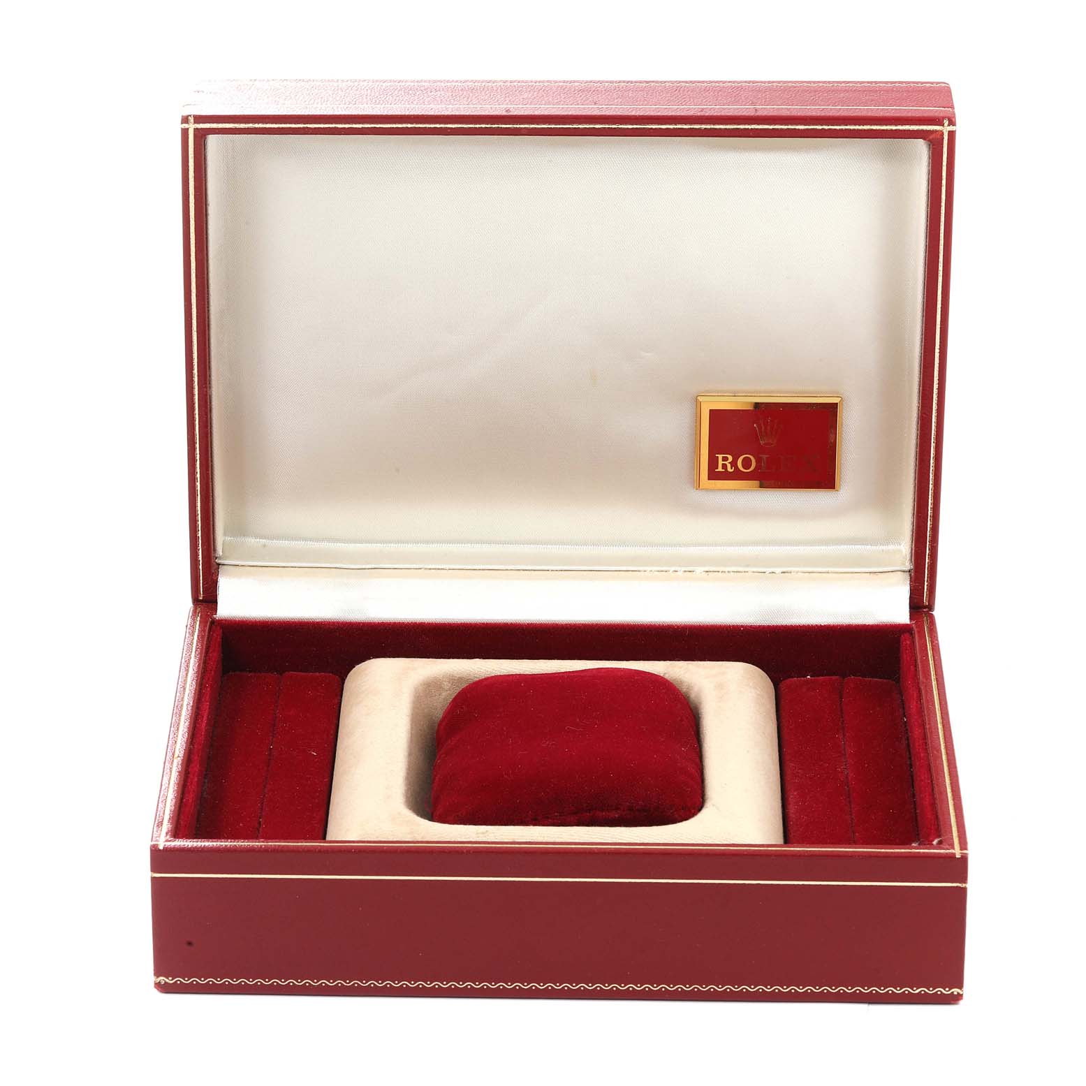The image shows an open, empty Rolex President 68158 Women
s Yellow Gold Champagne Dial 68158 Women
s Yellow Gold Champagne Dial model watch box, viewed from the front, displaying the brand name and a cushion.