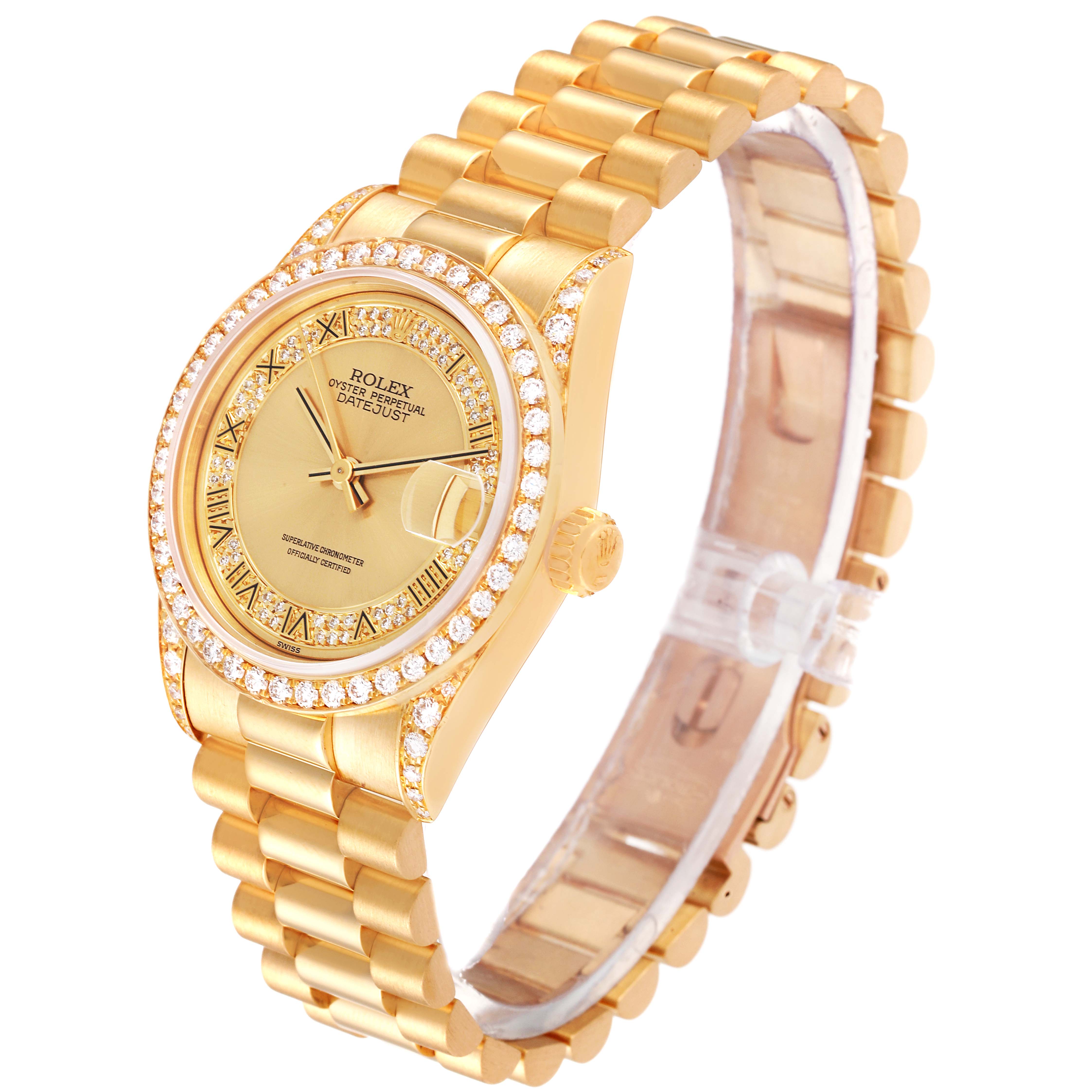The image shows a side angle of the Rolex President 68158 Women
s Yellow Gold Champagne Dial 68158 Women
s Yellow Gold Champagne Dial watch, highlighting the gold bracelet, bezel, and dial with diamond accents.