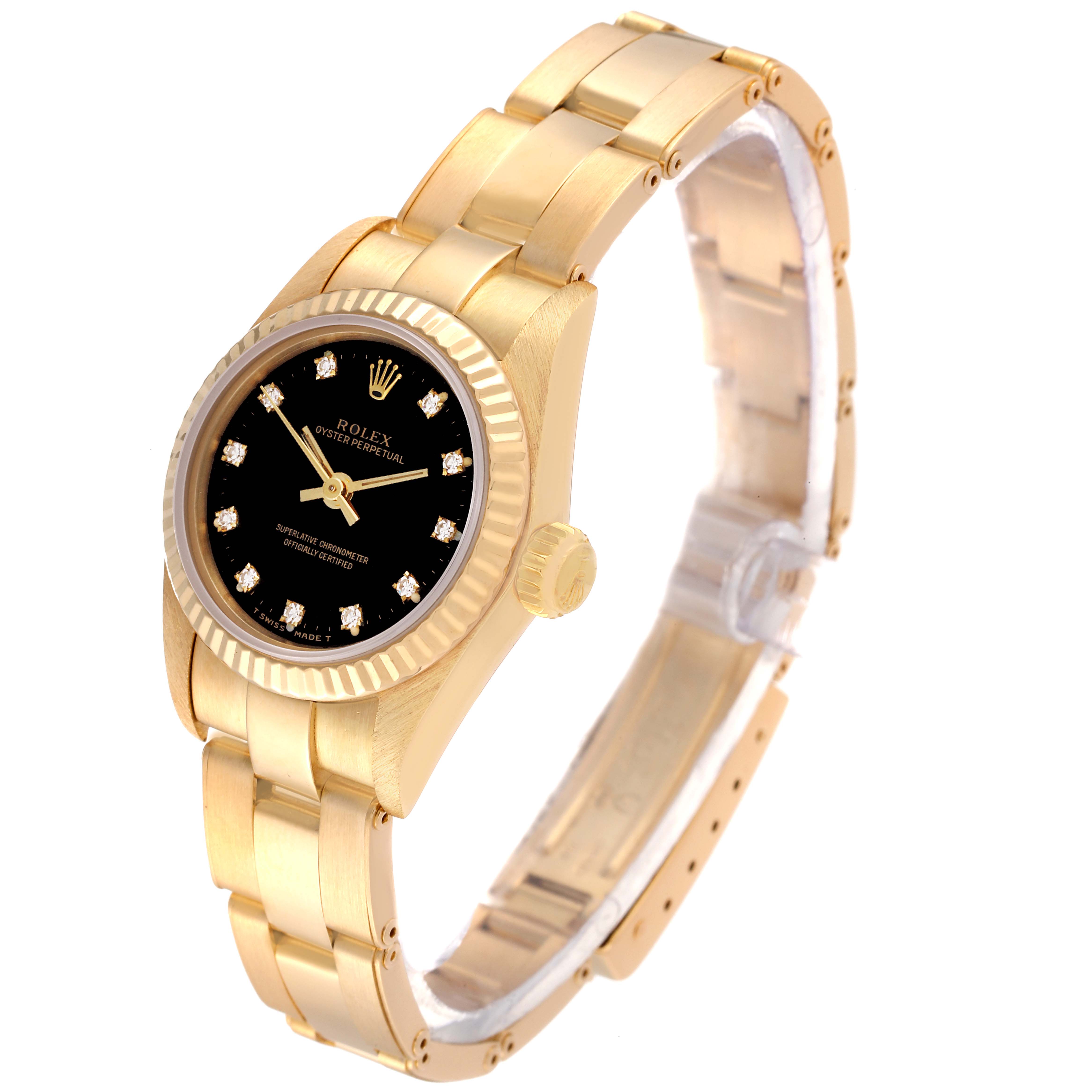 This image shows a Rolex Pearlmaster 67198 Women
s Yellow Gold Black Dial 67198 Women
s Yellow Gold Black Dial watch at an angle displaying the face, bezel, crown, and part of the bracelet.