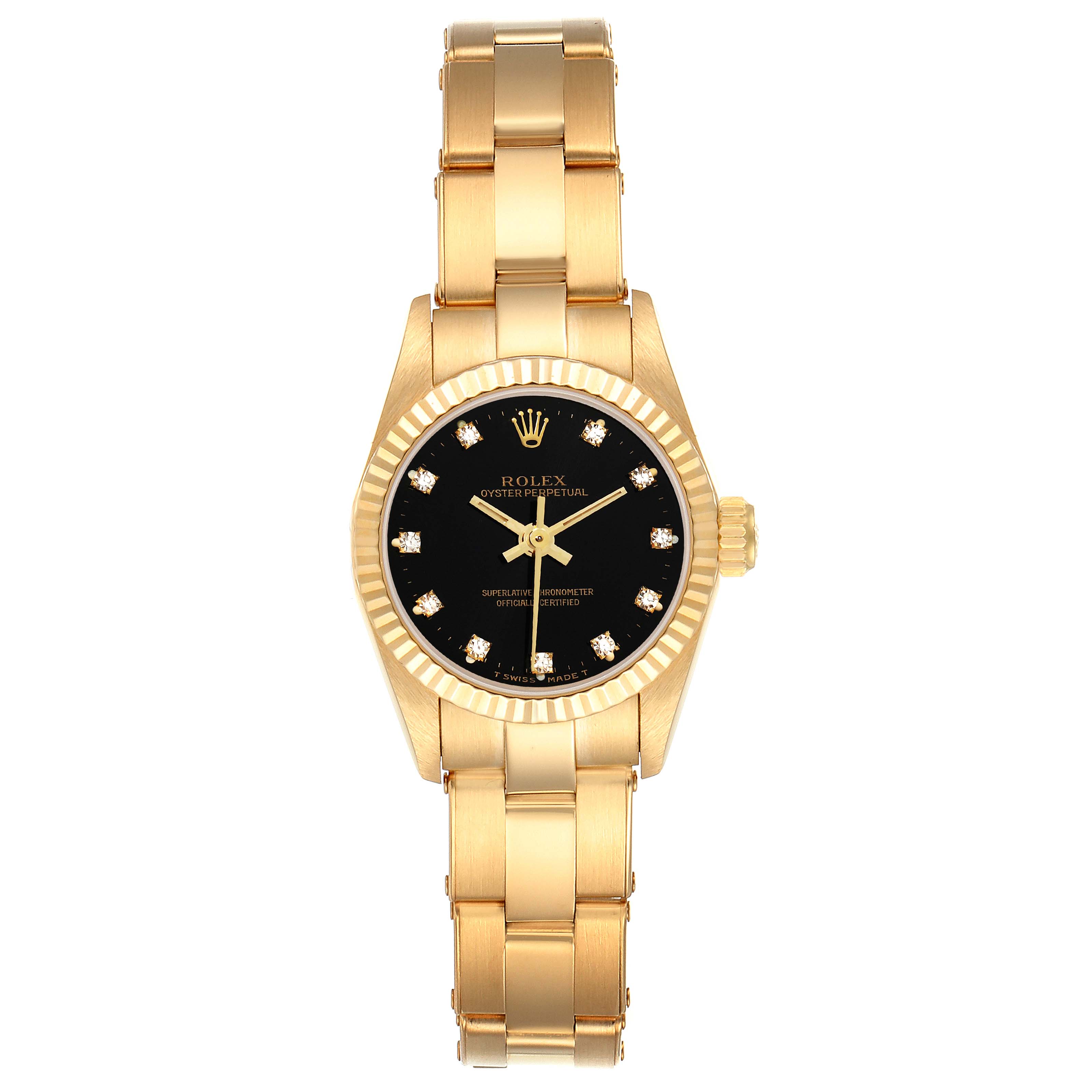 This image shows a front view of a Rolex Pearlmaster 67198 Women
s Yellow Gold Black Dial 67198 Women
s Yellow Gold Black Dial watch, highlighting its gold bracelet and black diamond-set dial.
