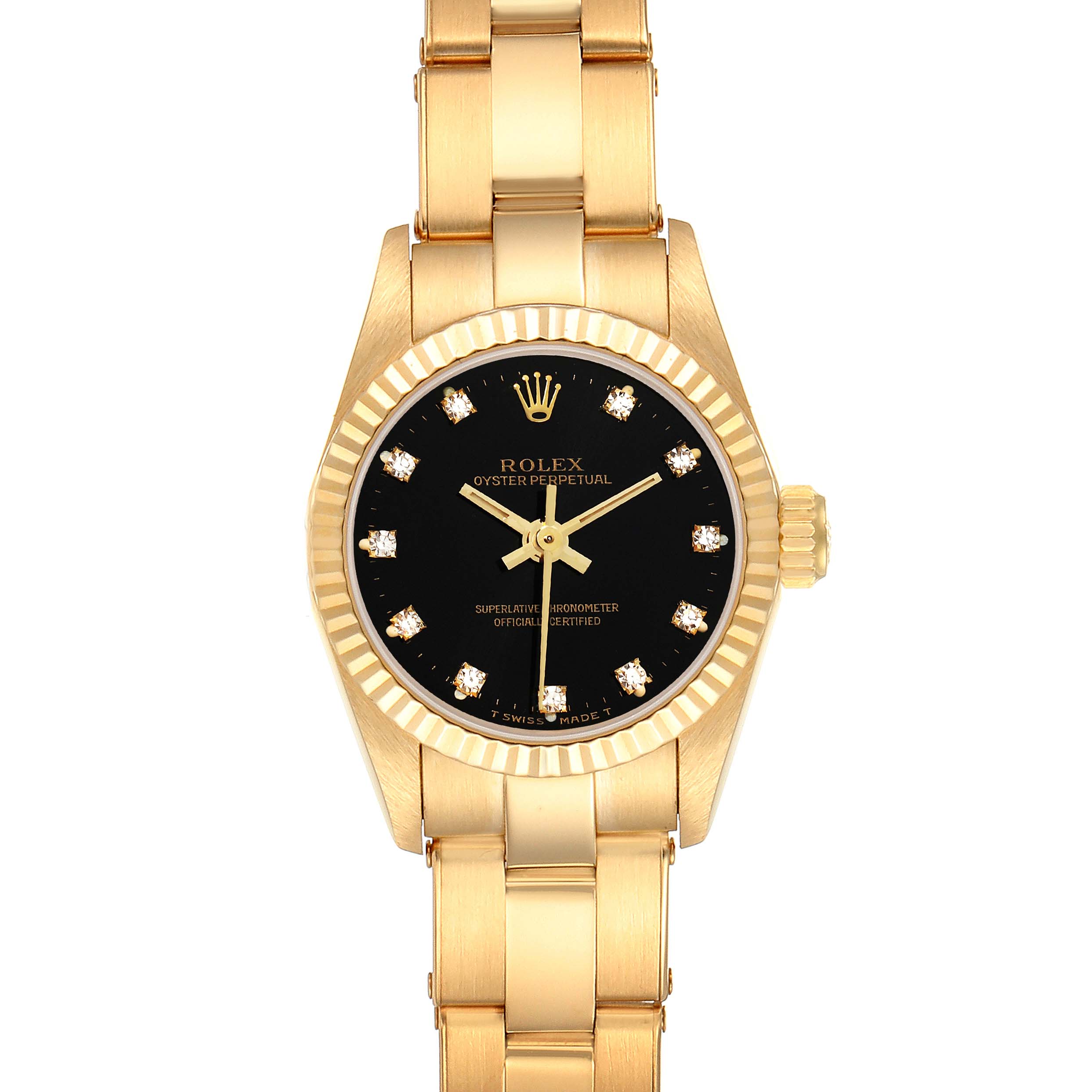 This front-view image shows the face and bracelet of the Rolex Pearlmaster 67198 Women
s Yellow Gold Black Dial 67198 Women
s Yellow Gold Black Dial watch.