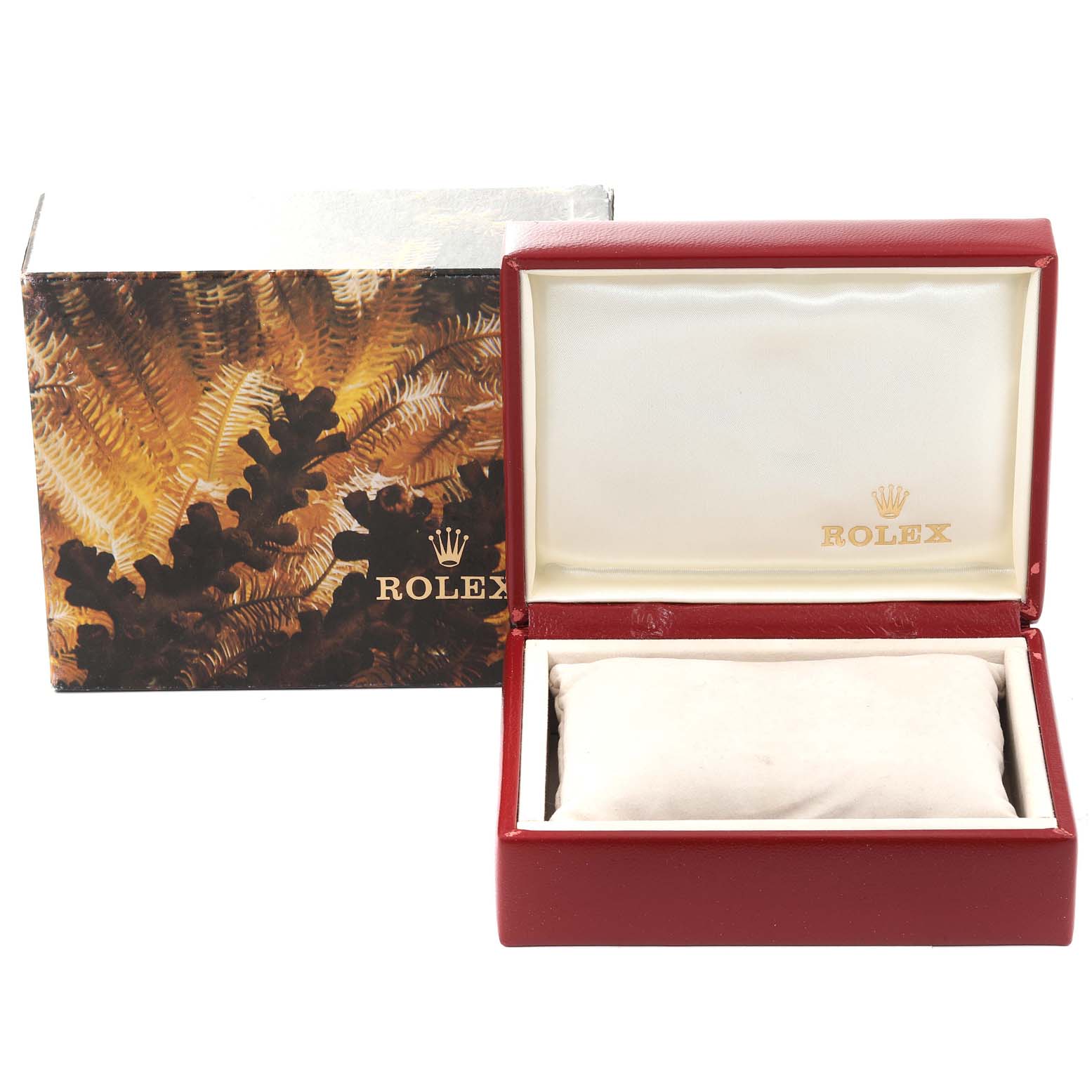 The image shows a Rolex Pearlmaster 67198 Women
s Yellow Gold Black Dial 67198 Women
s Yellow Gold Black Dial watch box opened, revealing its cushion inside, with a Rolex-branded outer box in the background.