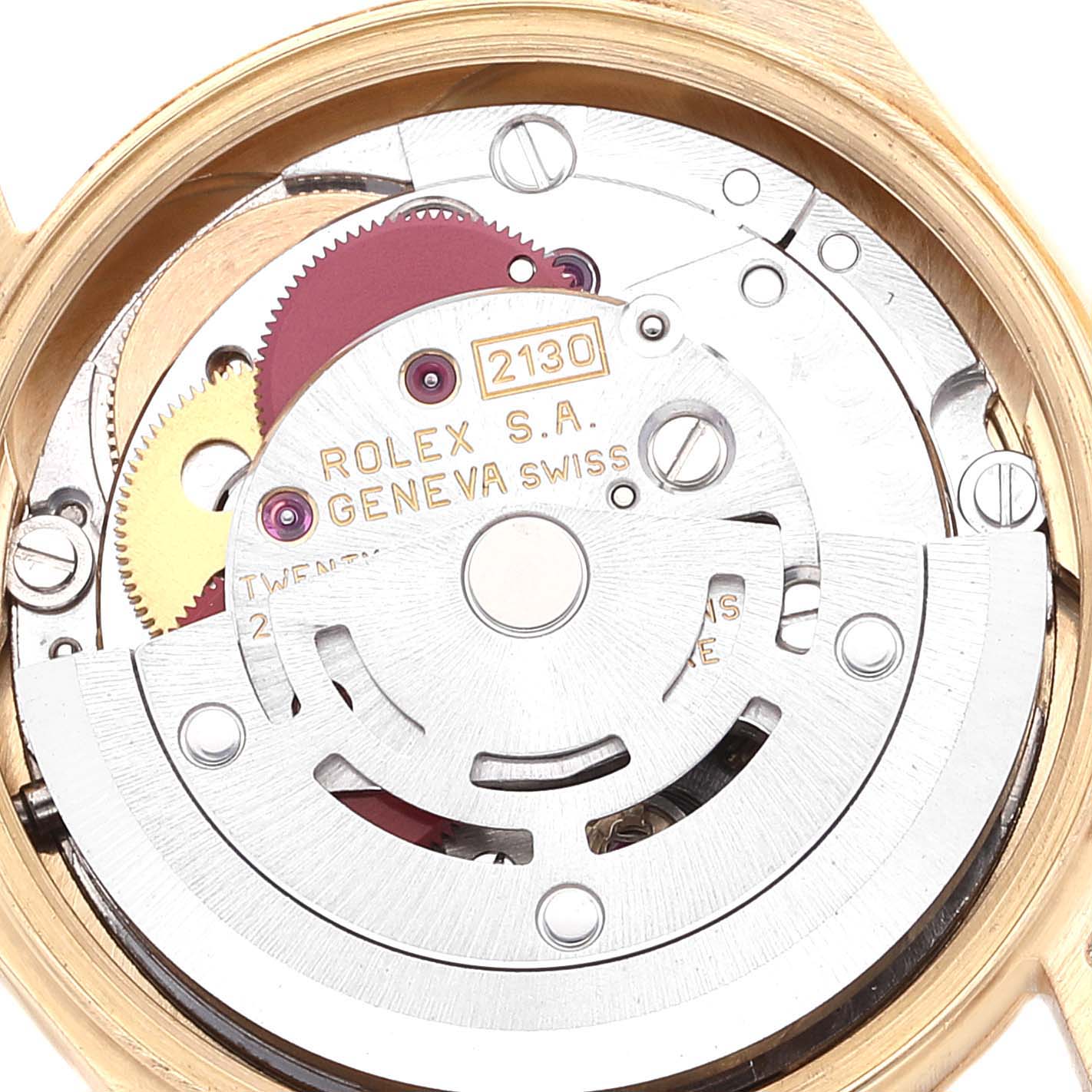 The image shows the internal mechanism of a Rolex Pearlmaster 67198 Women
s Yellow Gold Black Dial 67198 Women
s Yellow Gold Black Dial watch from a straight-on angle.