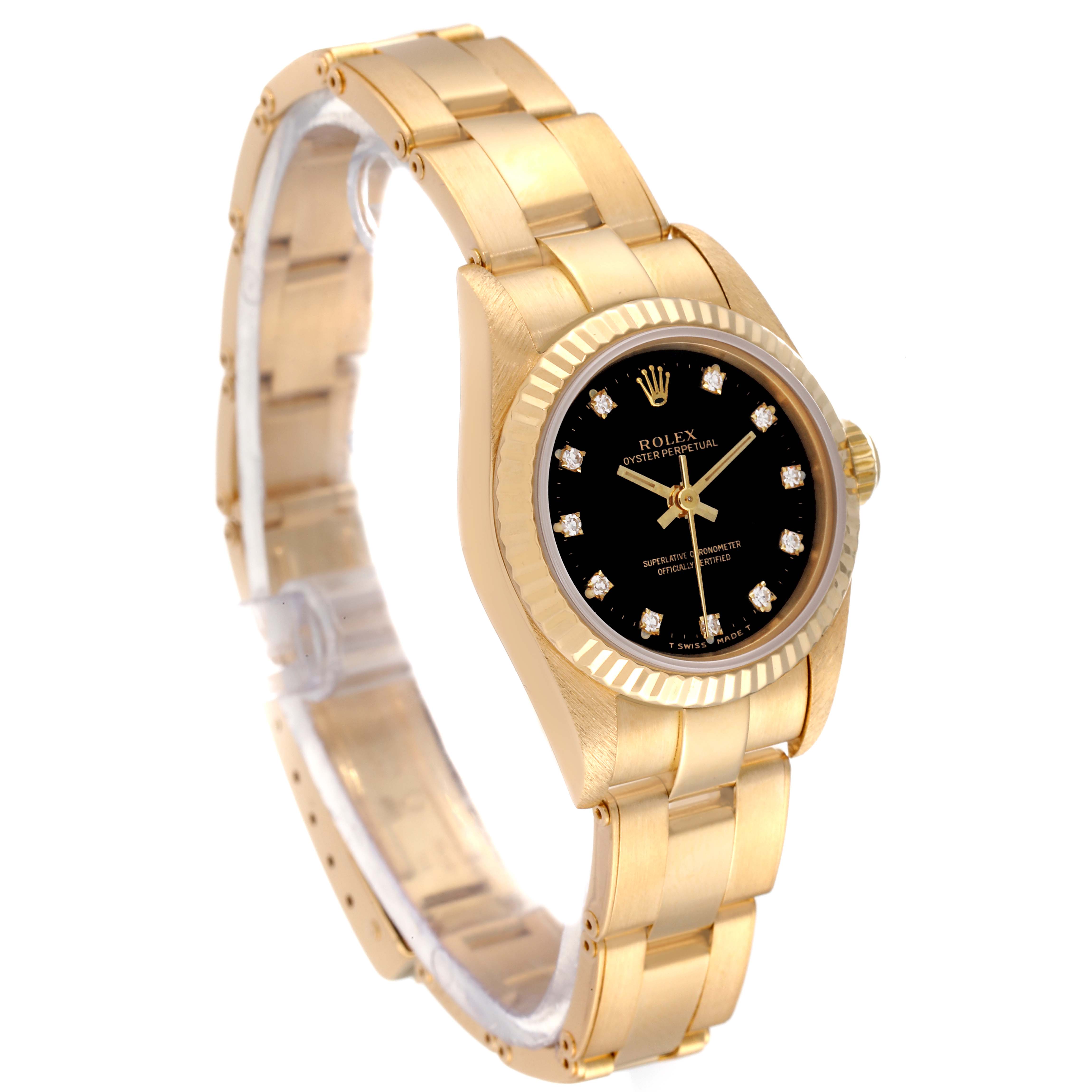 The image shows a Rolex Pearlmaster 67198 Women
s Yellow Gold Black Dial 67198 Women
s Yellow Gold Black Dial watch from an angled side view, highlighting the bracelet, case, and dial.