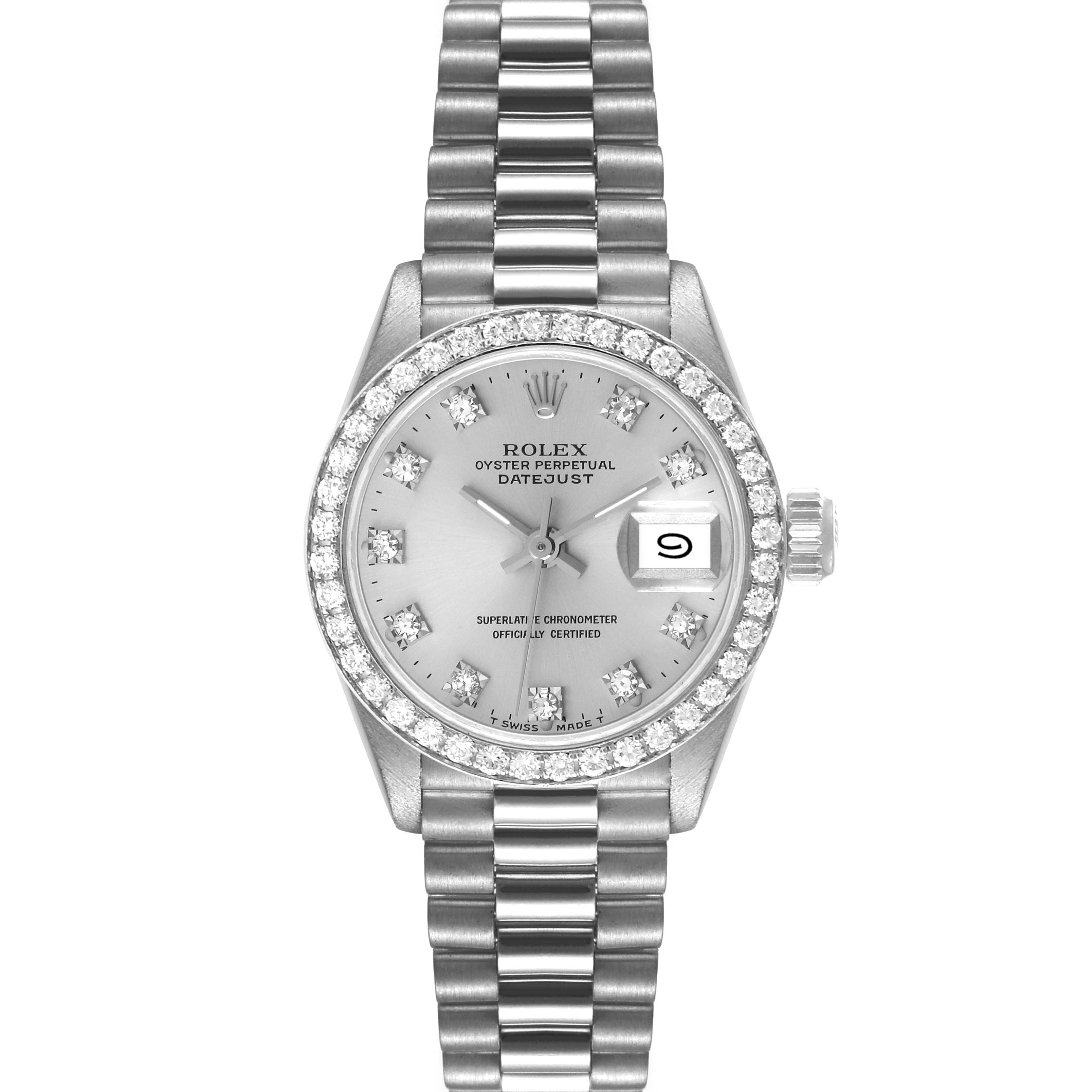 This image shows a front view of the Rolex President 69136 Women's Platinum Silver Dial 69136 Women's Platinum Silver Dial model watch, displaying the dial, bezel, and bracelet.