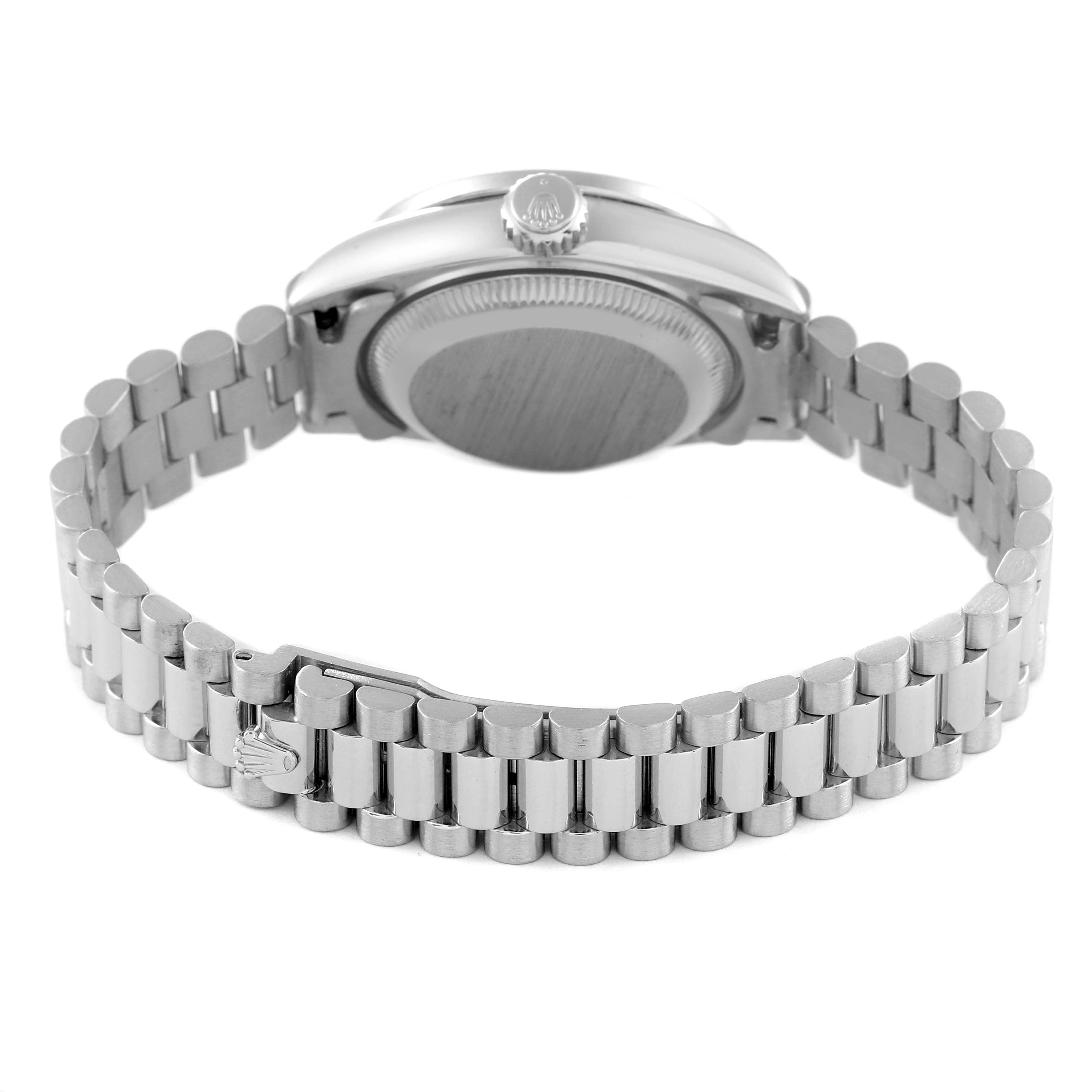 The image shows the back view and bracelet of a Rolex President 69136 Women's Platinum Silver Dial 69136 Women's Platinum Silver Dial model watch.