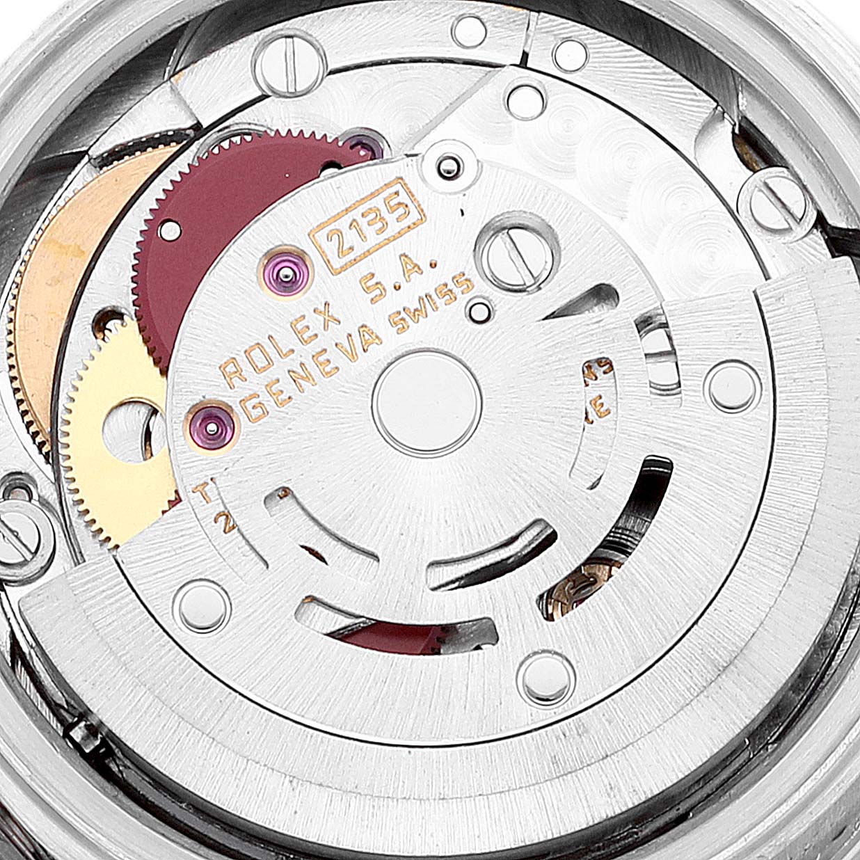 This image shows the internal mechanism of a Rolex President 69136 Women's Platinum Silver Dial 69136 Women's Platinum Silver Dial model, specifically highlighting its gears and intricate details.